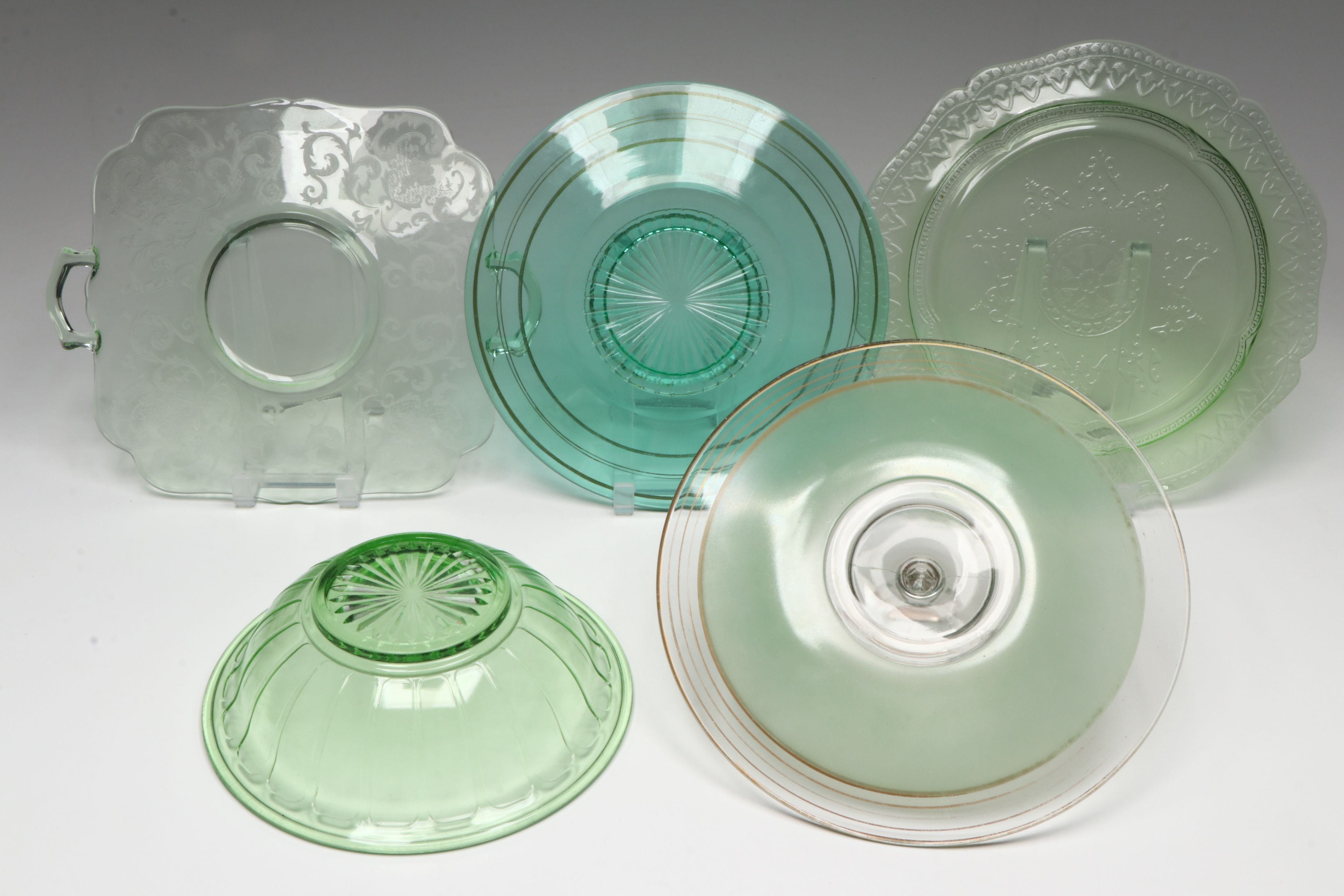 Art Deco Style Creamer and Sugar Bowl with More Uranium Glass Dinnerware