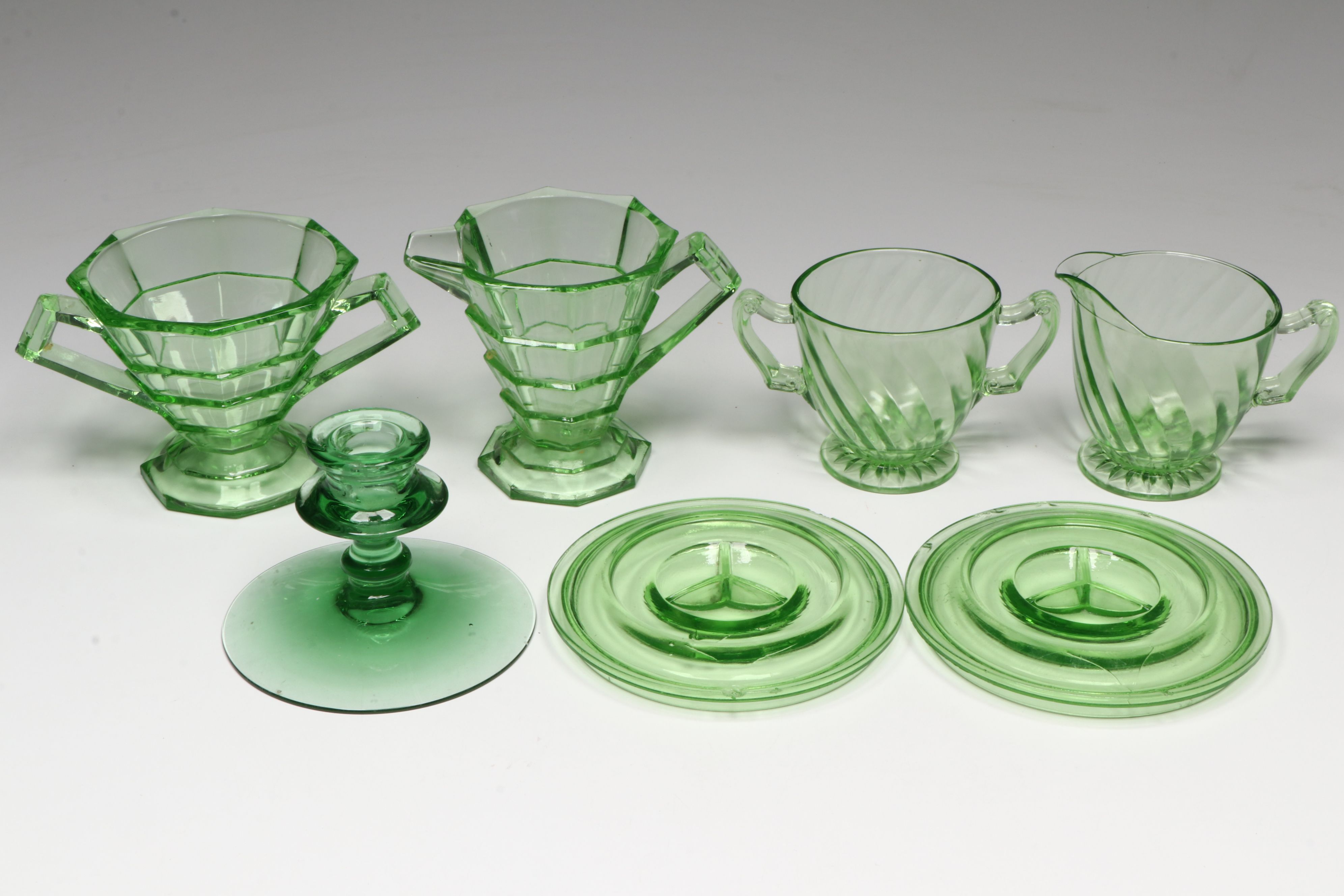 Art Deco Style Creamer and Sugar Bowl with More Uranium Glass Dinnerware