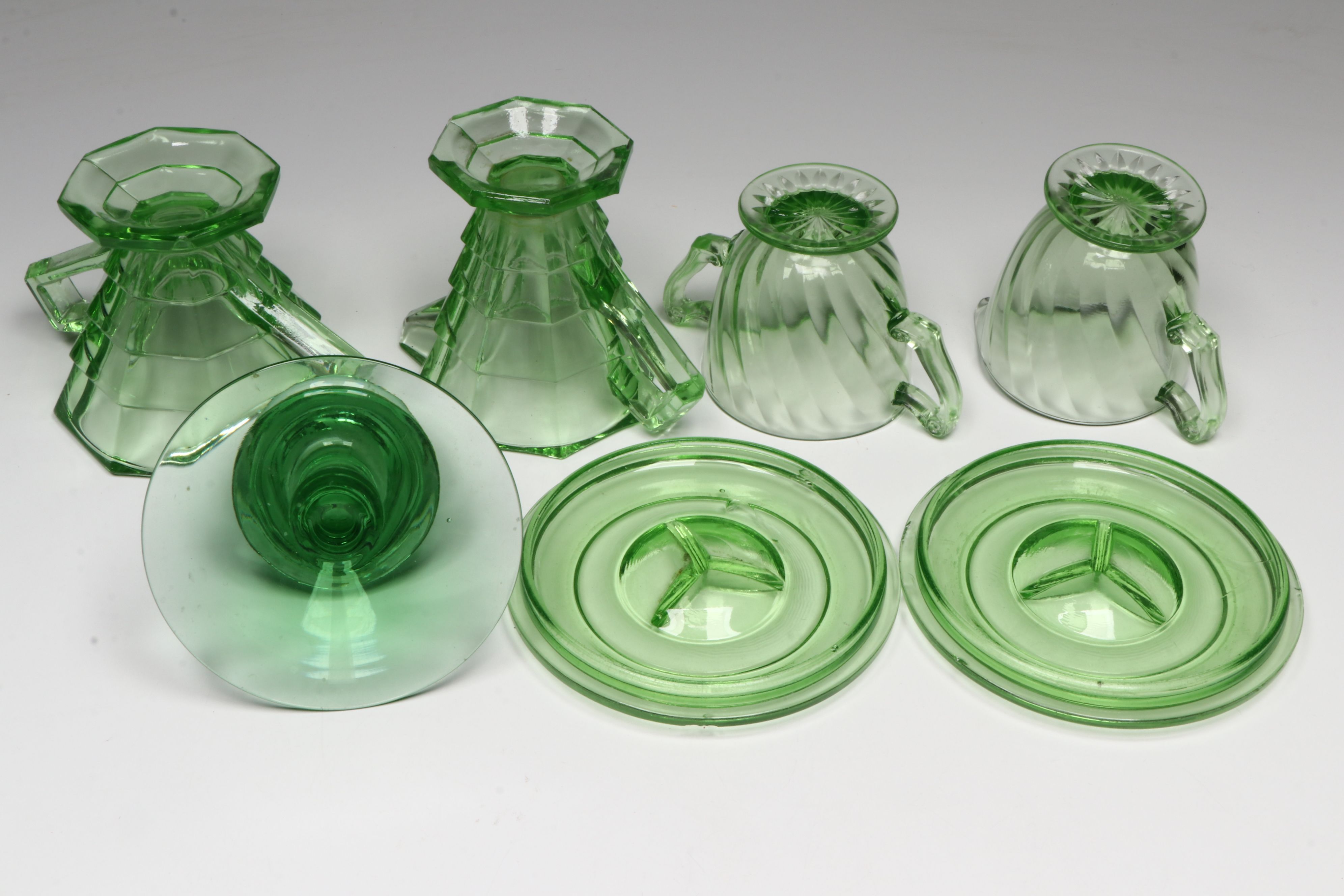 Art Deco Style Creamer and Sugar Bowl with More Uranium Glass Dinnerware