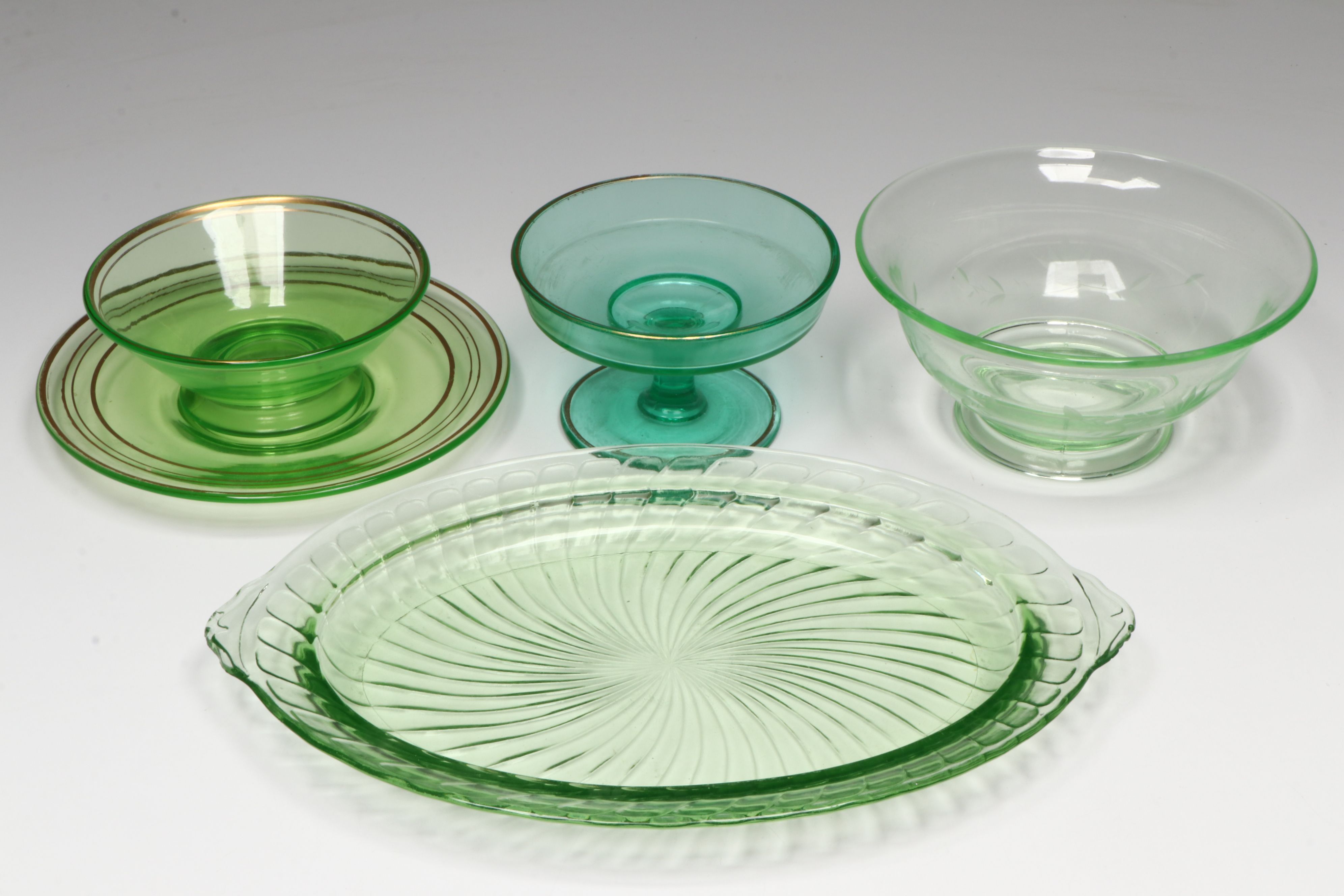 Art Deco Style Creamer and Sugar Bowl with More Uranium Glass Dinnerware