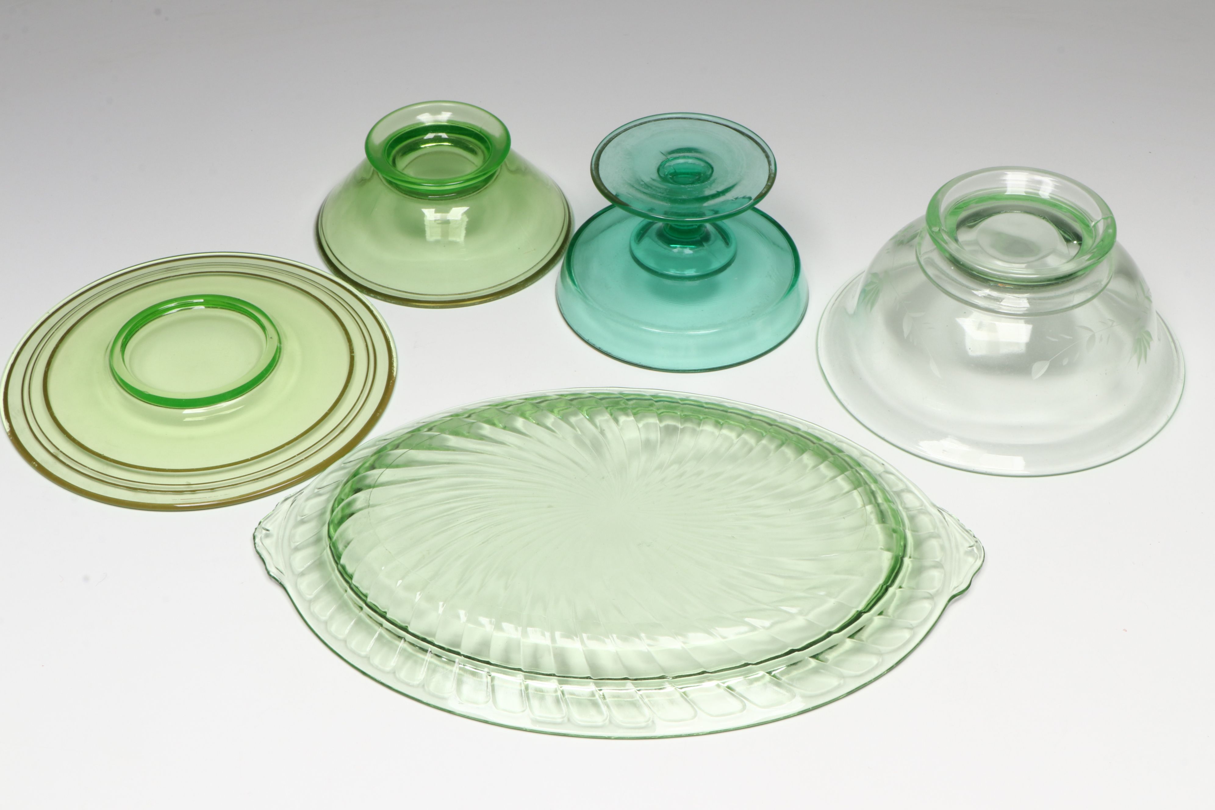 Art Deco Style Creamer and Sugar Bowl with More Uranium Glass Dinnerware