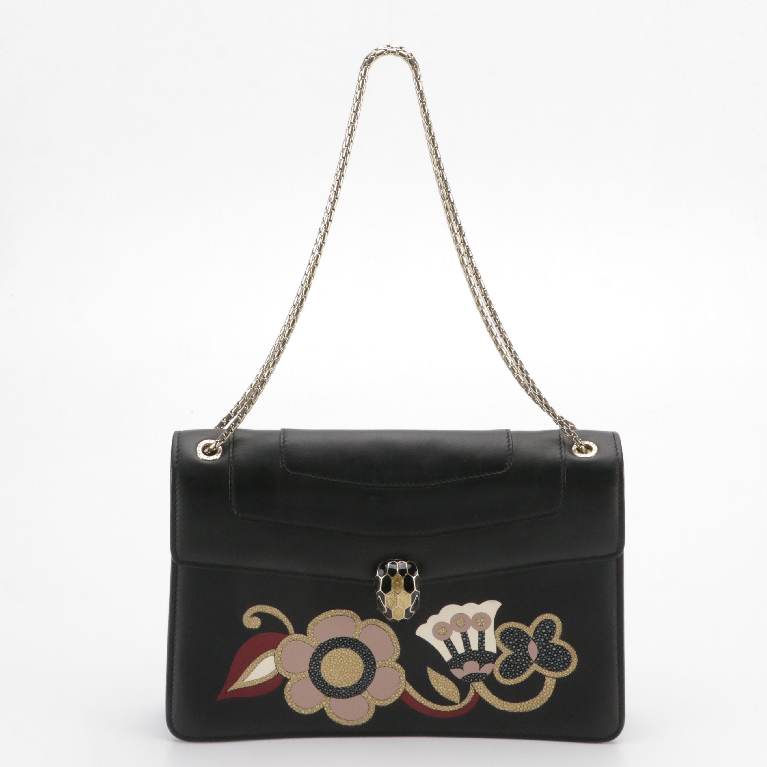 Bvlgari Serpenti Forever Shoulder Bag in Black Leather with Floral Appliqué