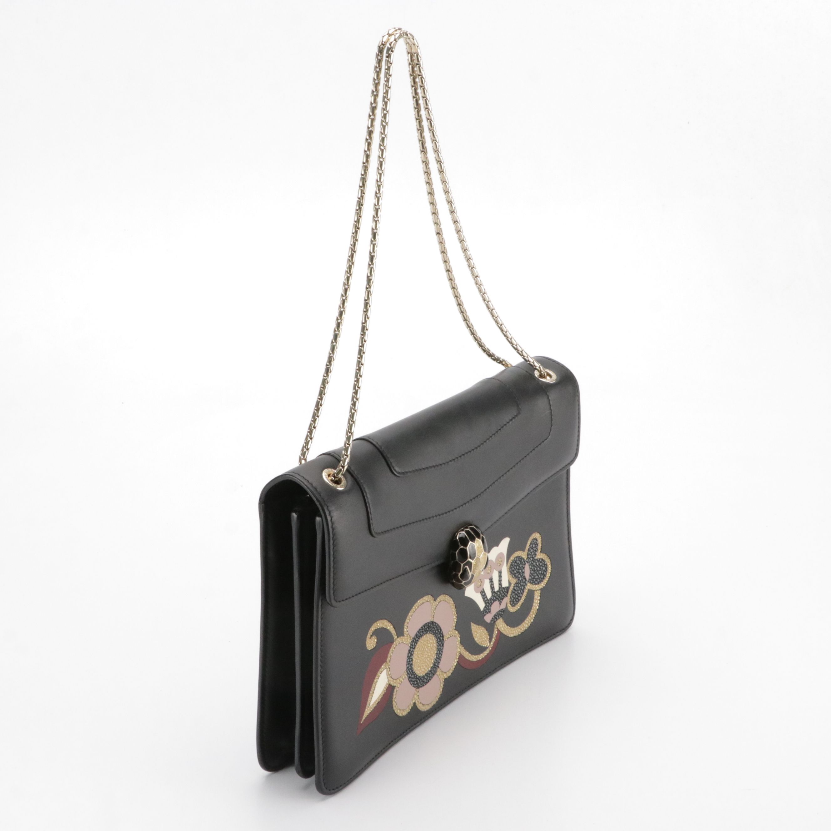 Bvlgari Serpenti Forever Shoulder Bag in Black Leather with Floral Appliqué