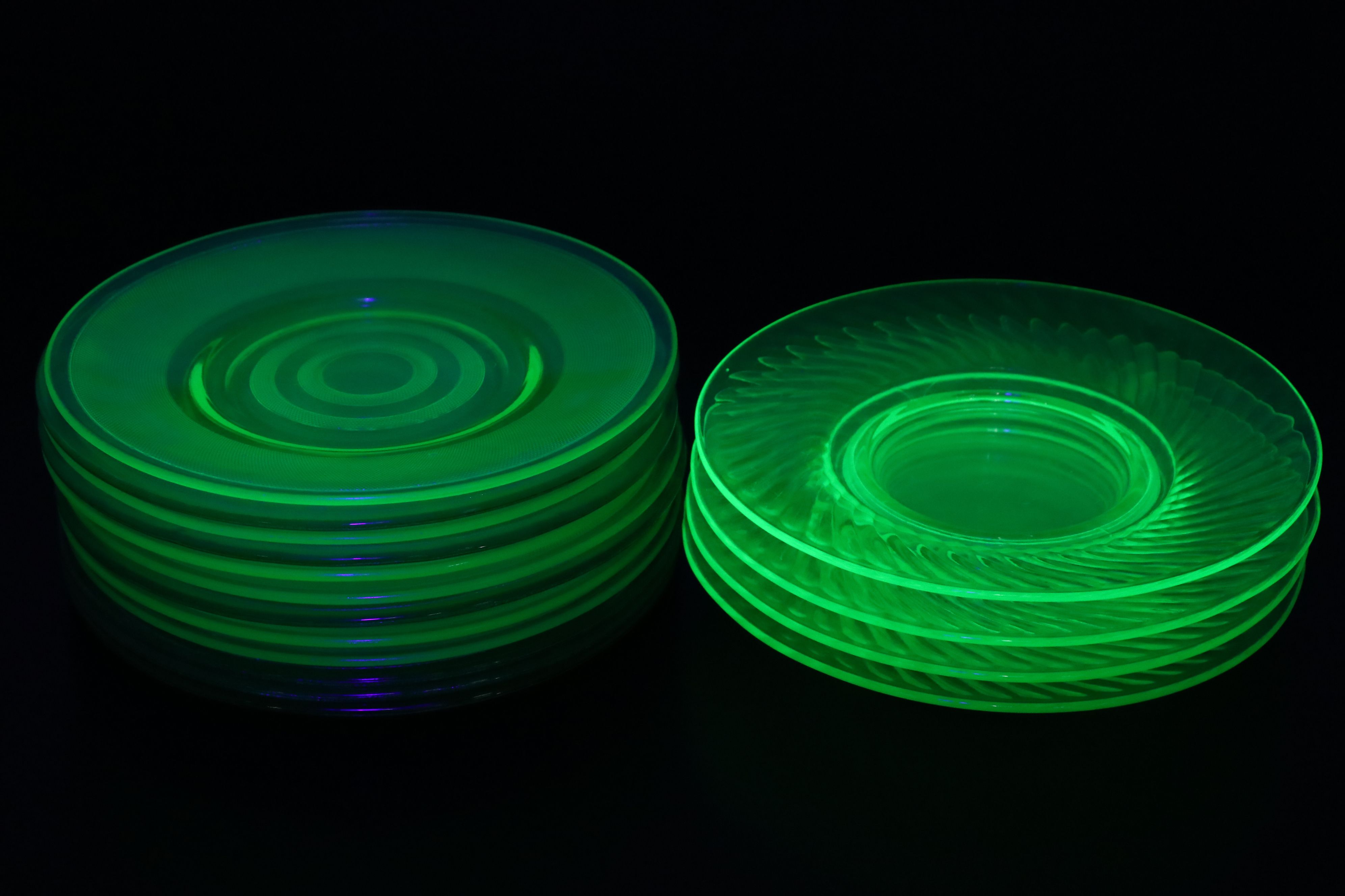 Art Deco Style Creamer and Sugar Bowl with More Uranium Glass Dinnerware