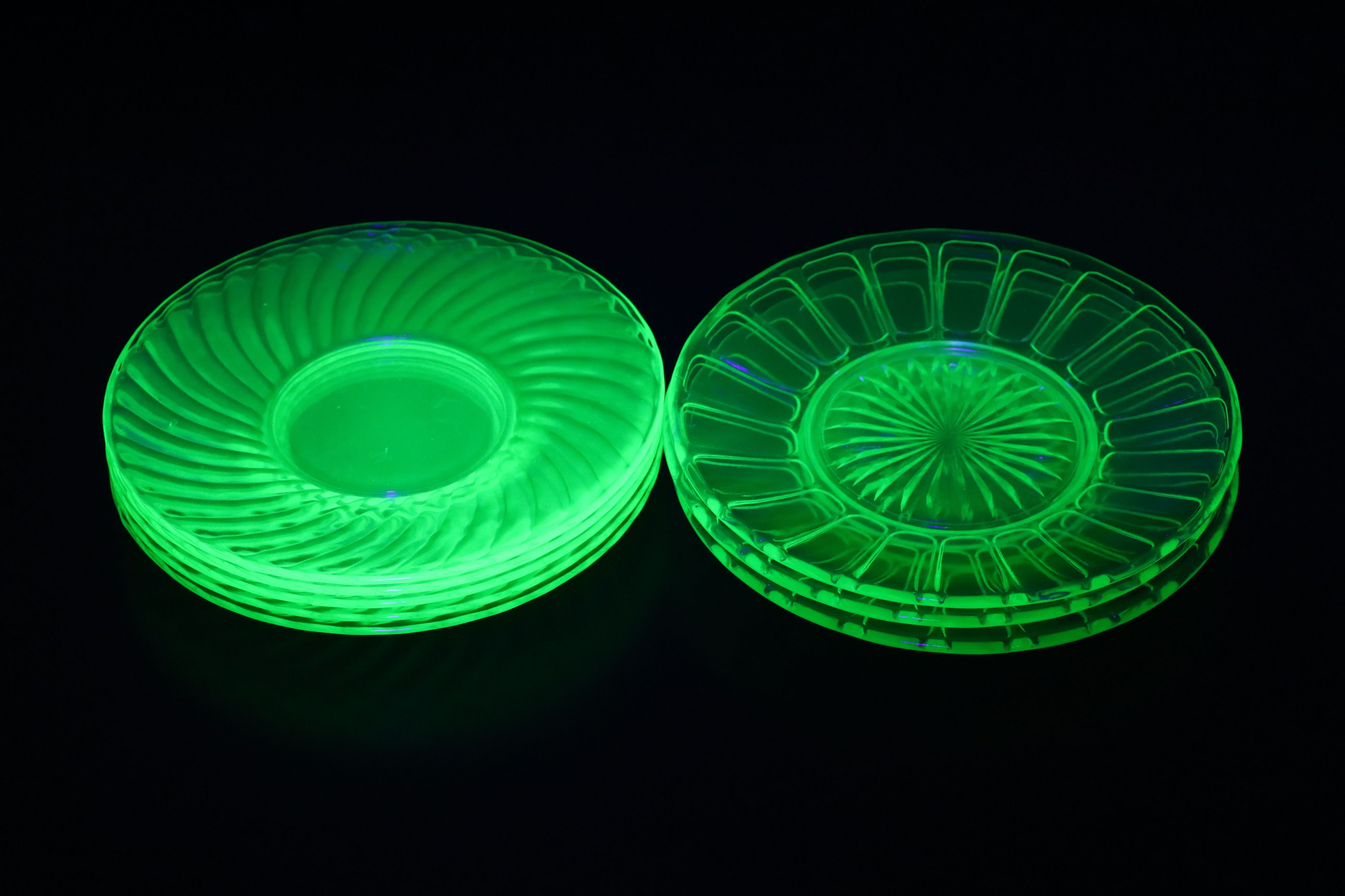 Art Deco Style Creamer and Sugar Bowl with More Uranium Glass Dinnerware