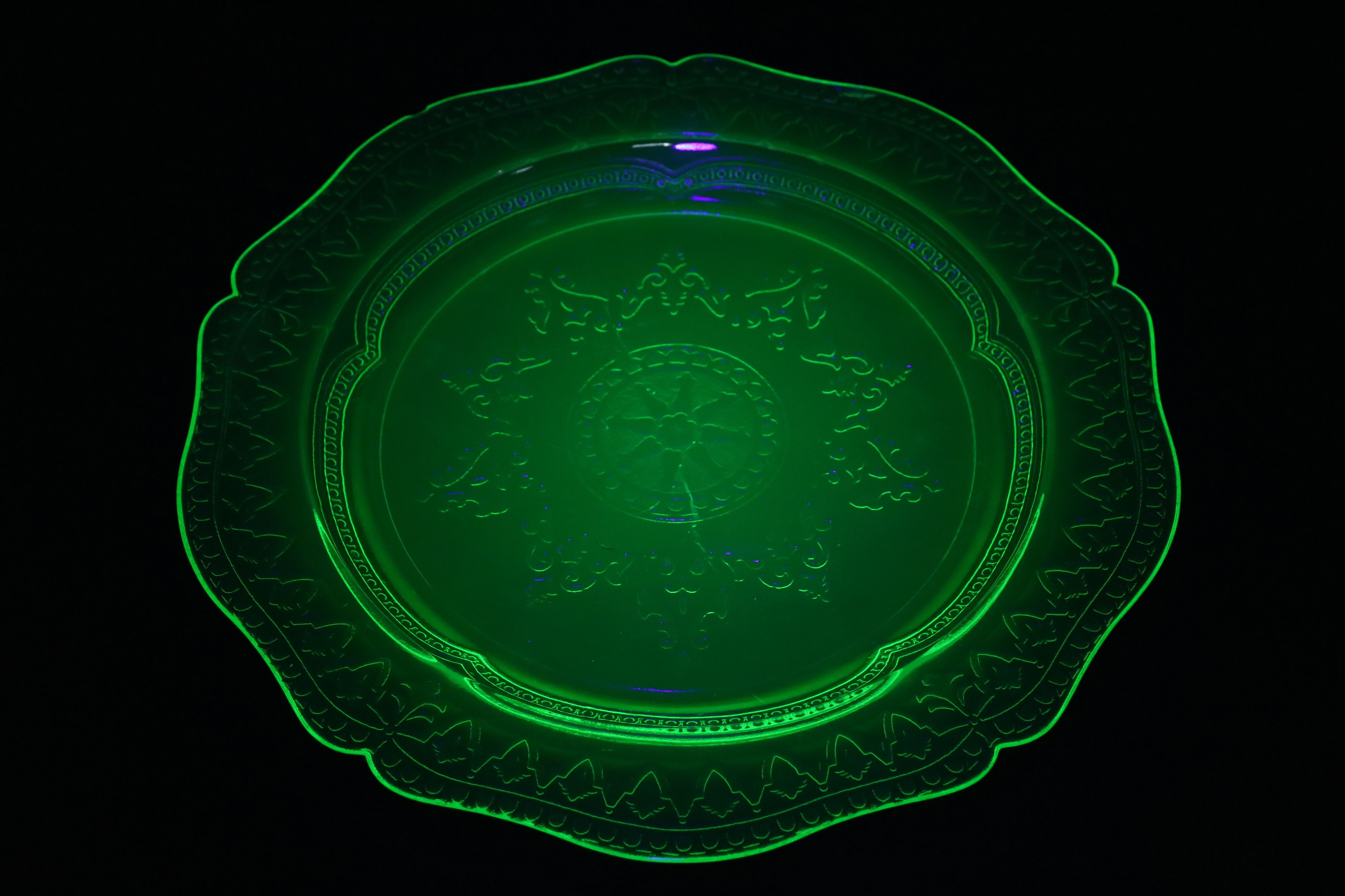 Art Deco Style Creamer and Sugar Bowl with More Uranium Glass Dinnerware