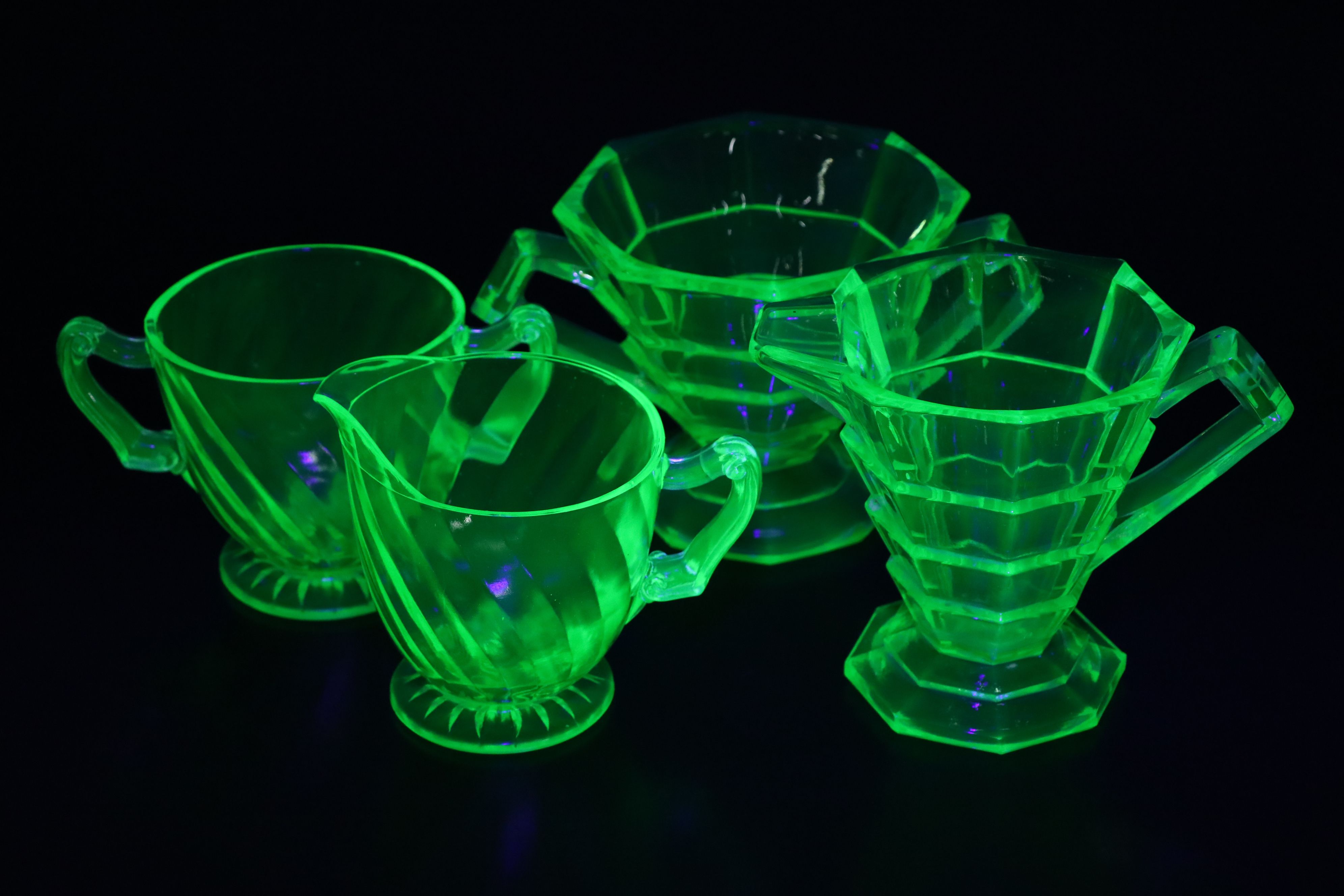 Art Deco Style Creamer and Sugar Bowl with More Uranium Glass Dinnerware