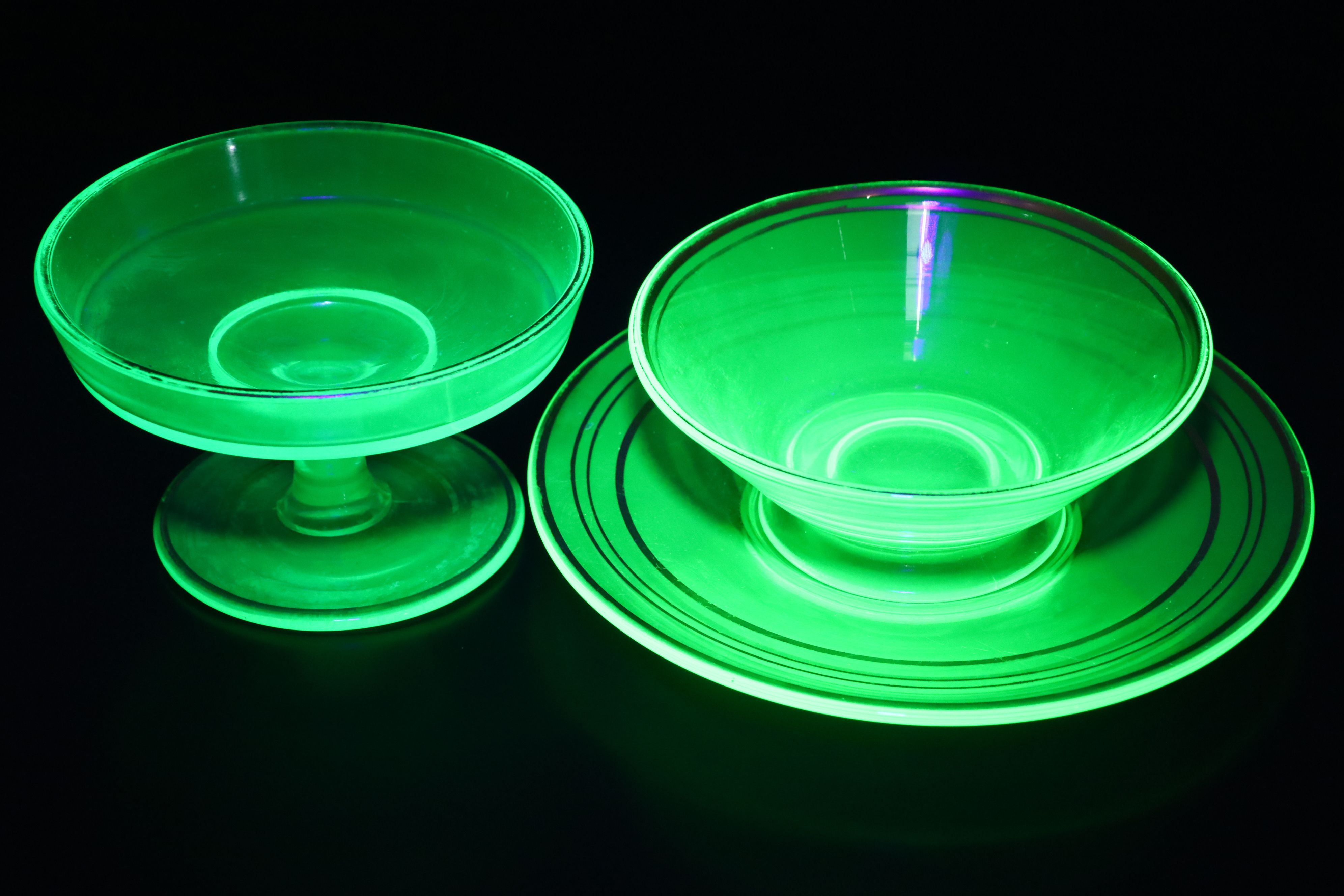 Art Deco Style Creamer and Sugar Bowl with More Uranium Glass Dinnerware
