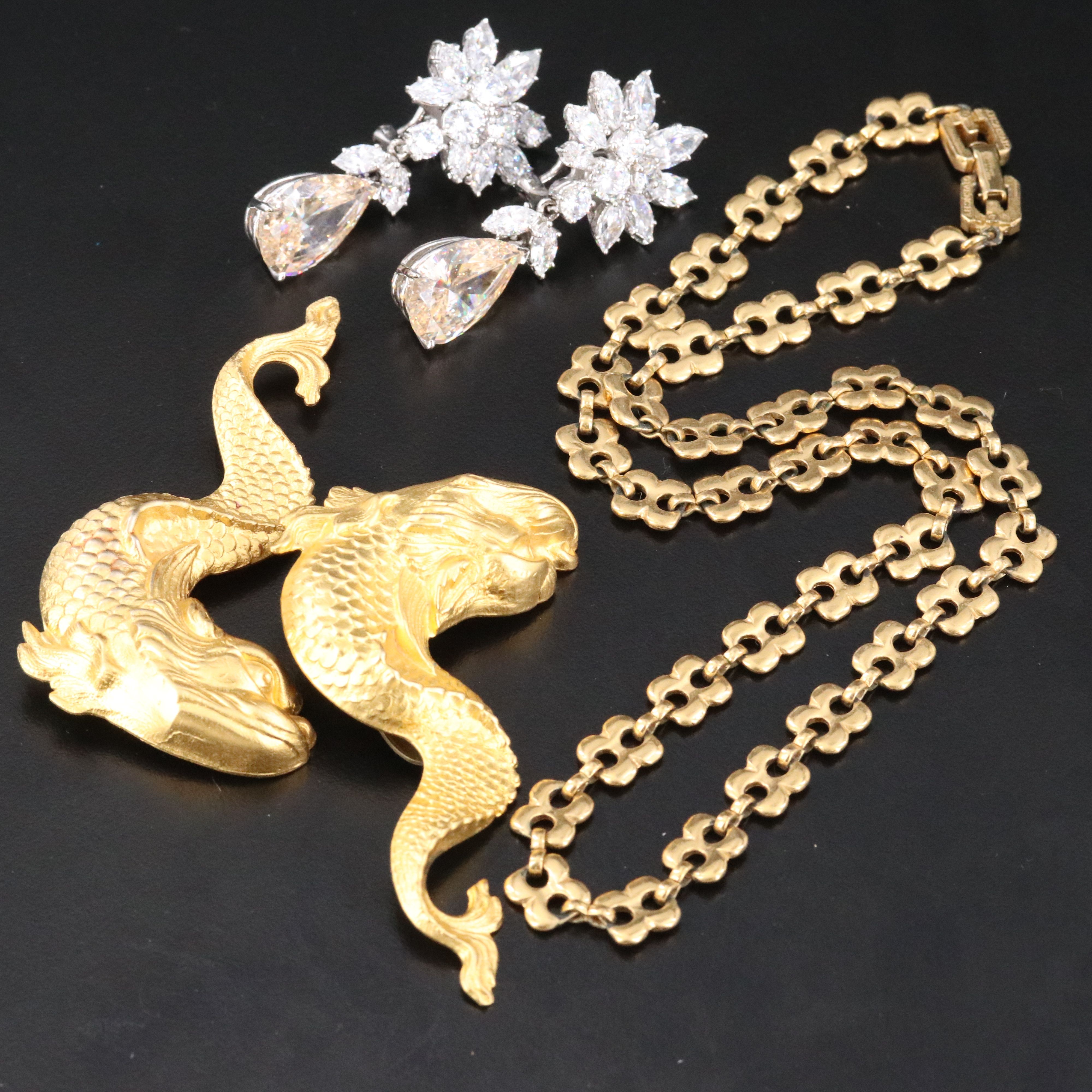 Givenchy Necklace and Rococo Revival Style Dolphin Earrings Featured in Jewelry