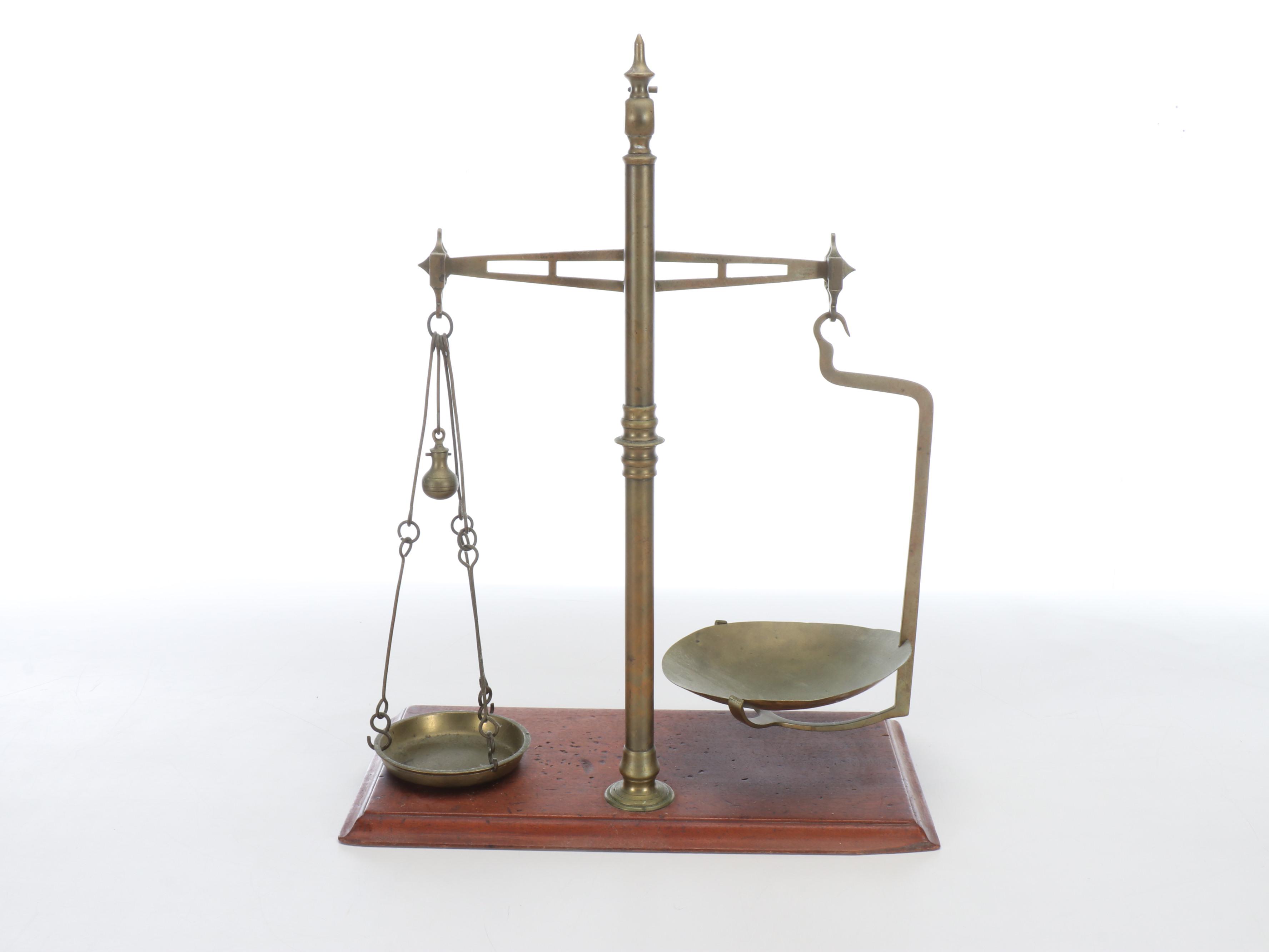 Antique Brass Balance Scale on Wood Base