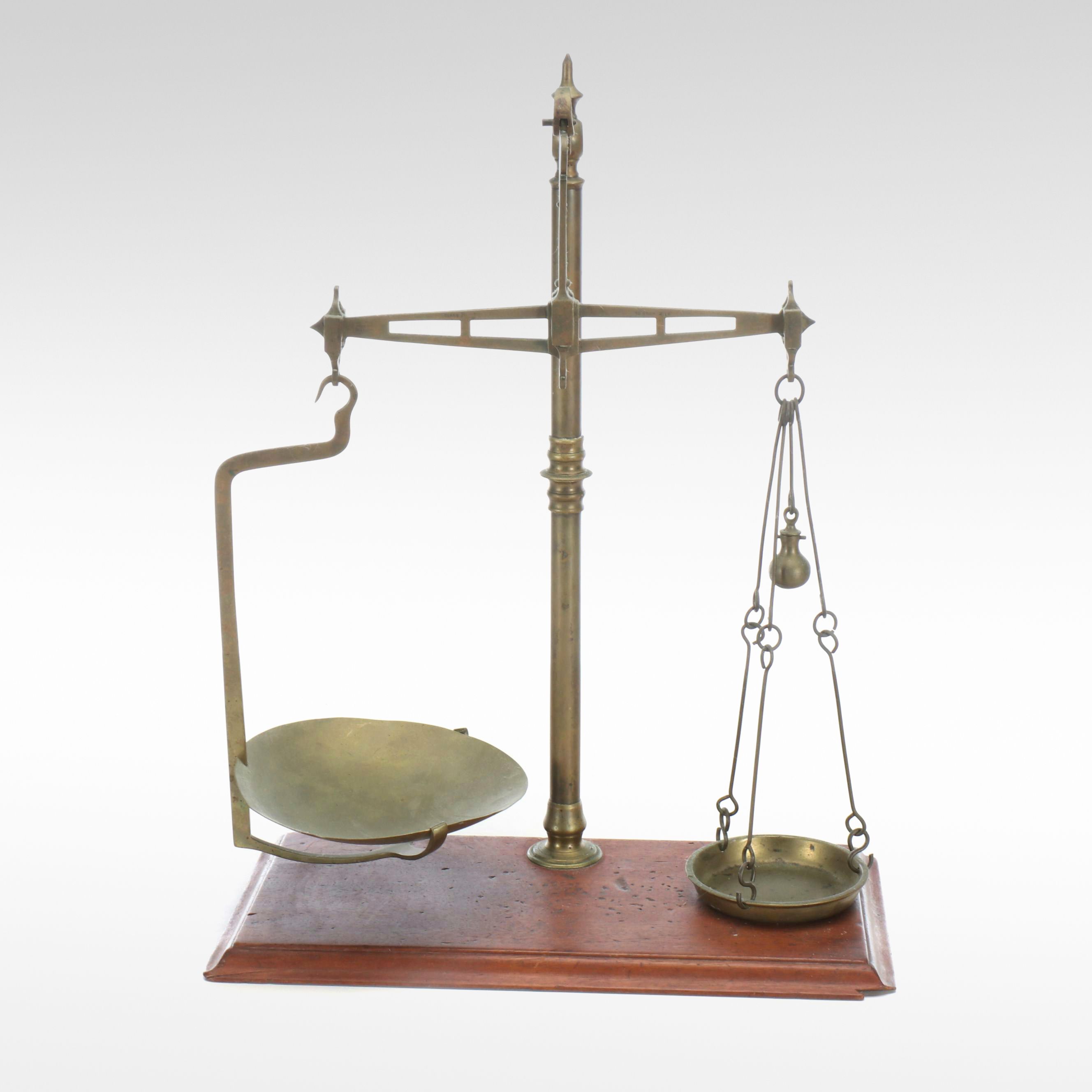 Antique Brass Balance Scale on Wood Base