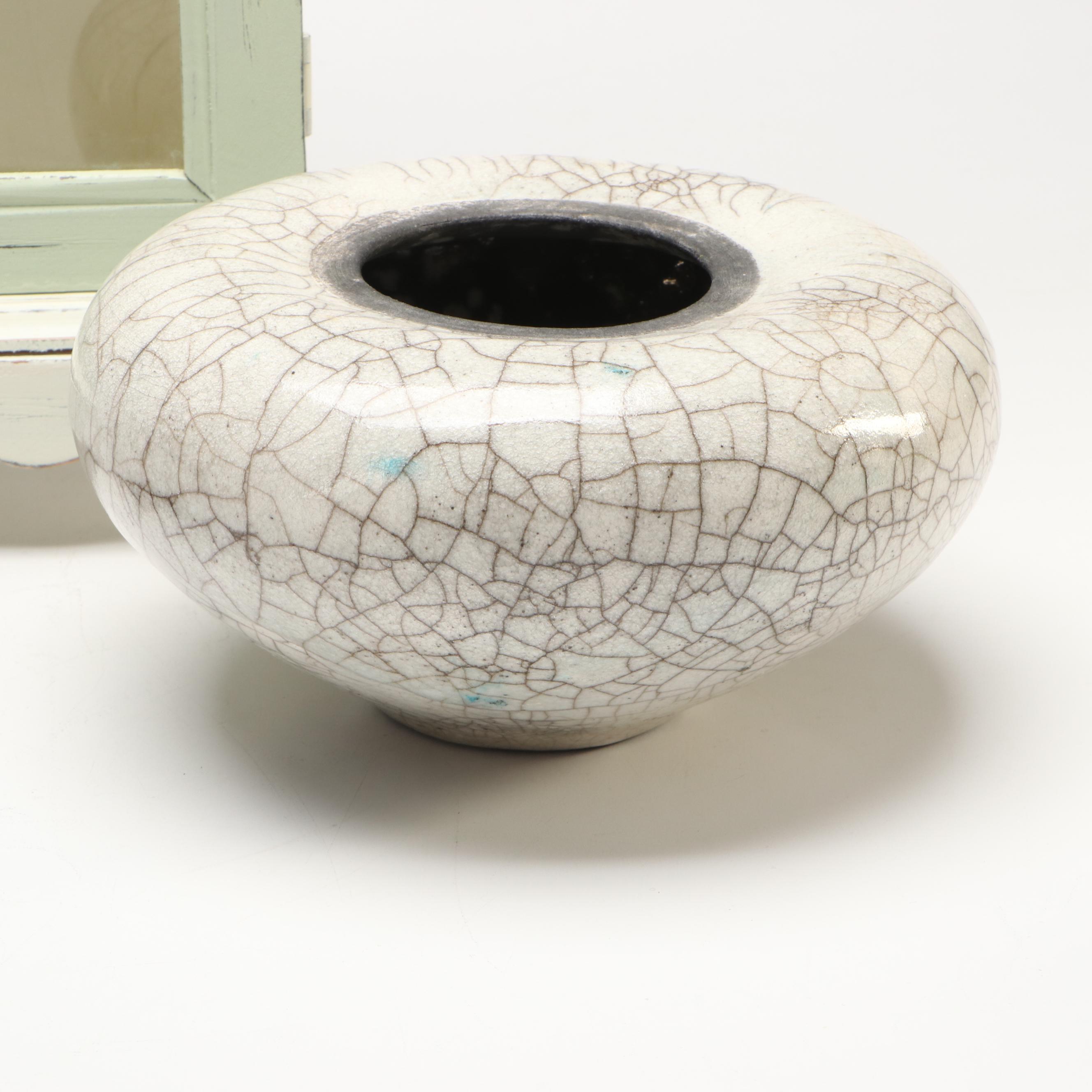 Kingstate Doll Cabinet, Crackle Glaze Art Pottery Vase and Metal Jar