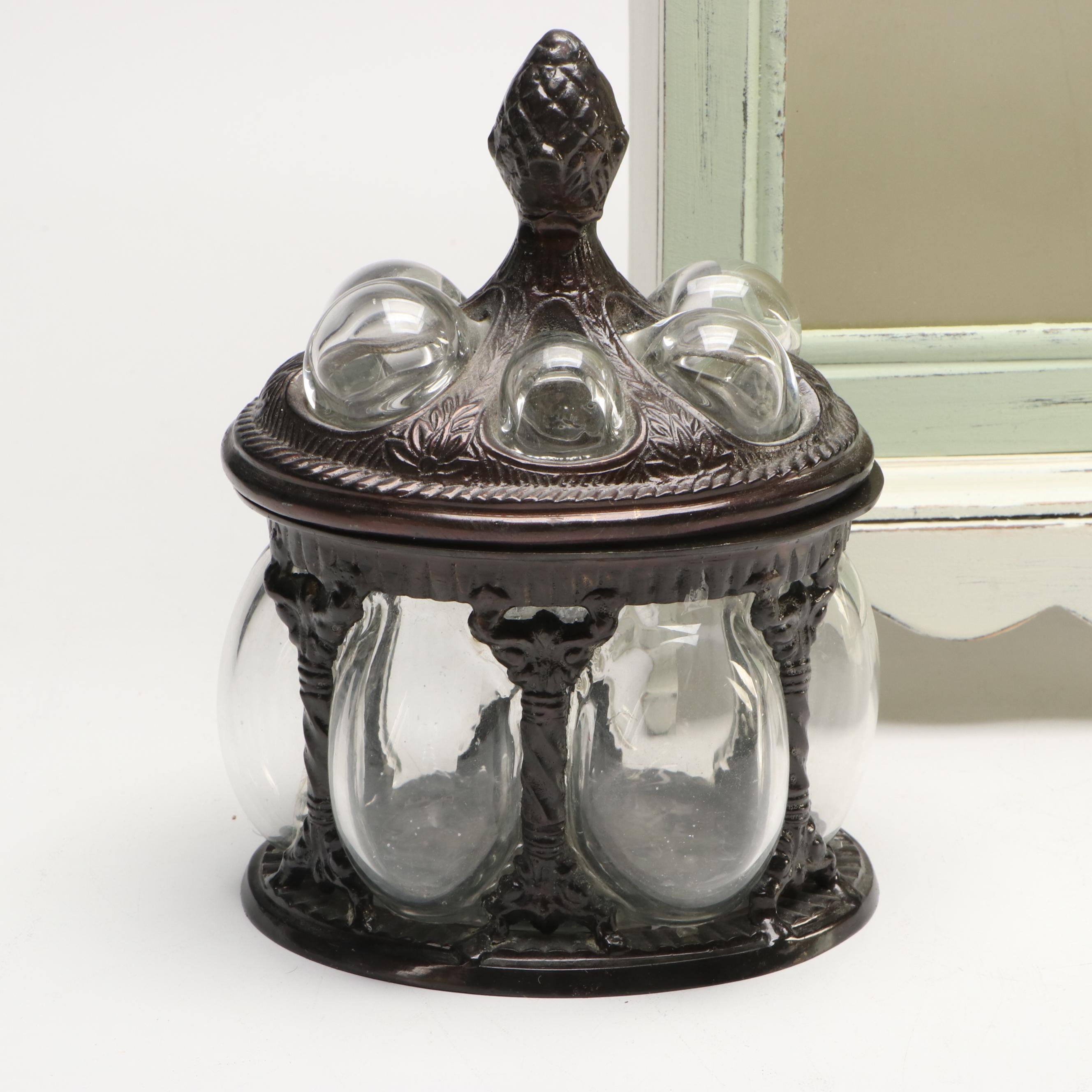 Kingstate Doll Cabinet, Crackle Glaze Art Pottery Vase and Metal Jar