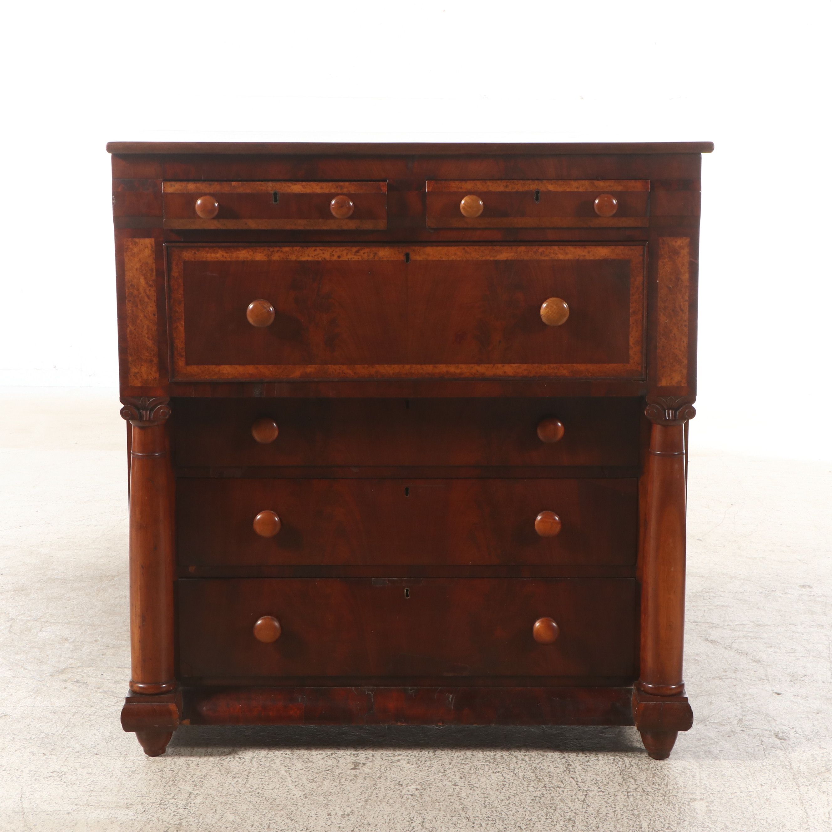 American Empire Mahogany and Maple Chest with Bonnet and Glove Drawers