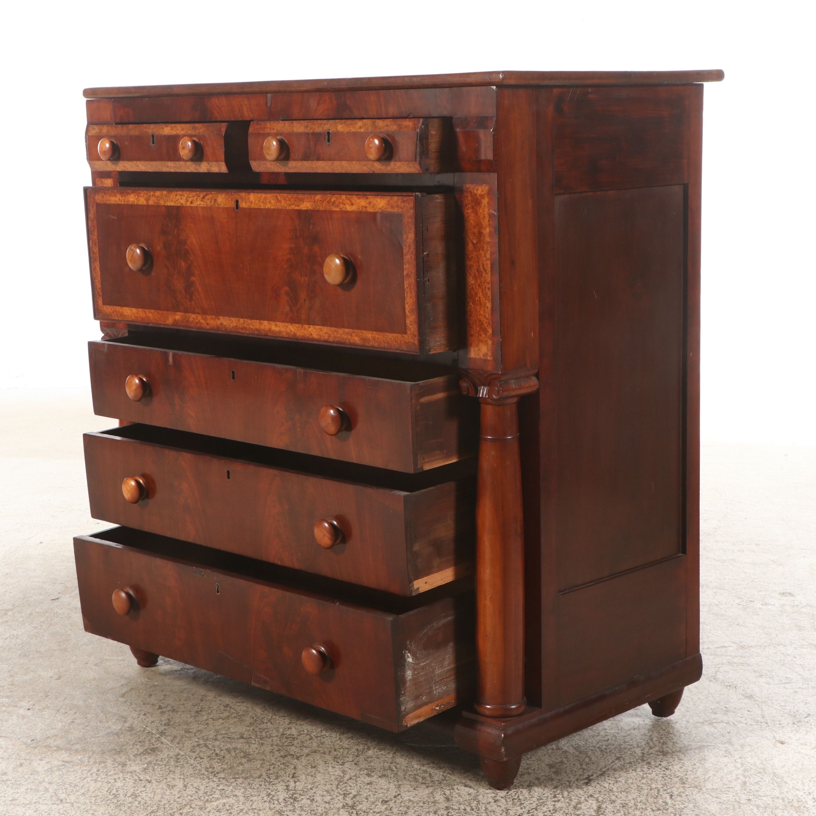 American Empire Mahogany and Maple Chest with Bonnet and Glove Drawers