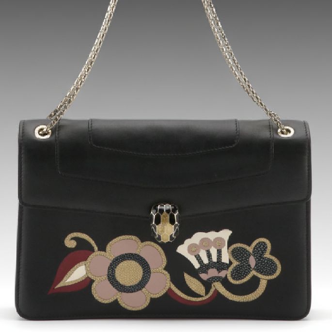 Bvlgari Serpenti Forever Shoulder Bag in Black Leather with Floral Appliqué