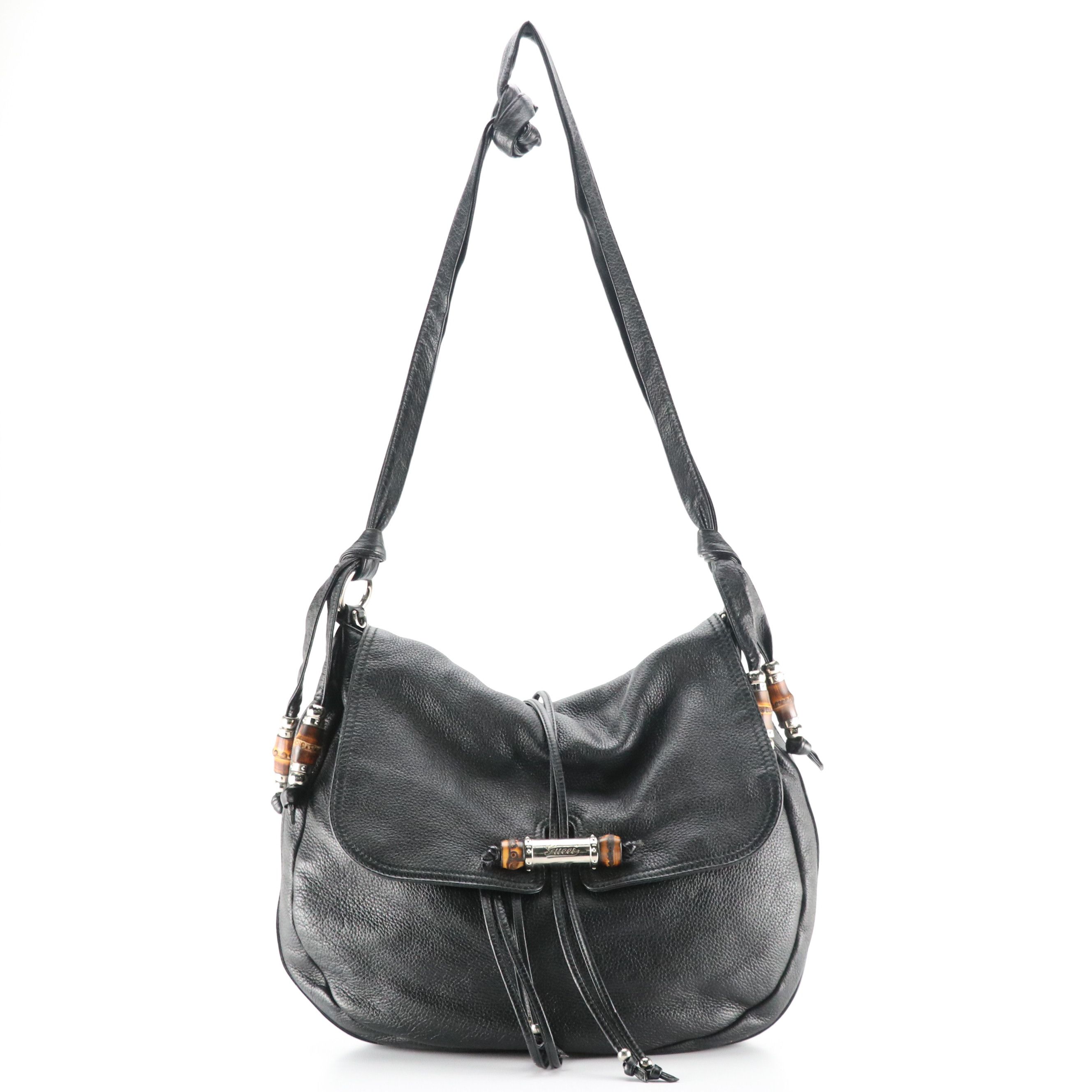Gucci Bamboo Accented Jungle Flap Hobo Crossbody Bag in Black Grained Calfskin