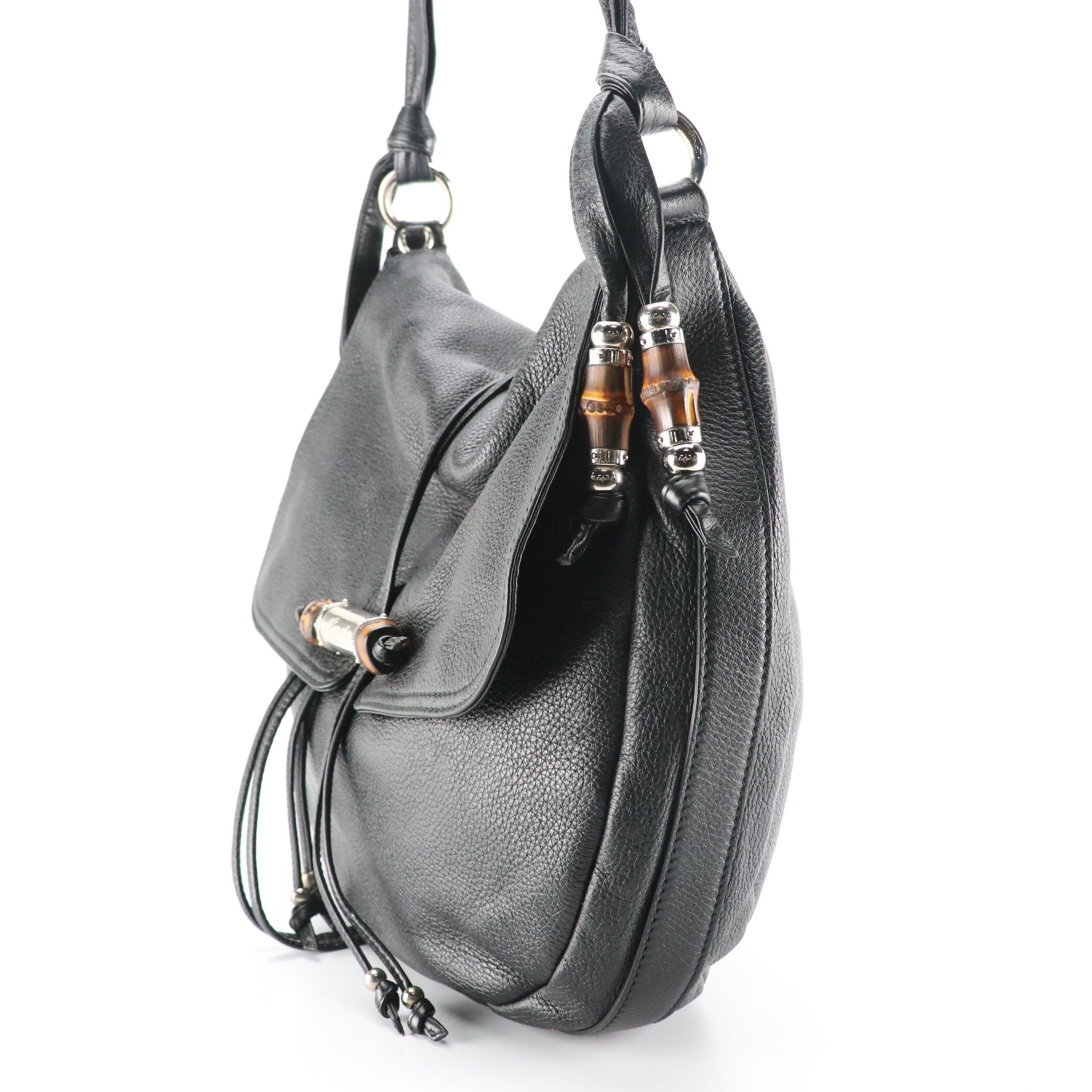 Gucci Bamboo Accented Jungle Flap Hobo Crossbody Bag in Black Grained Calfskin