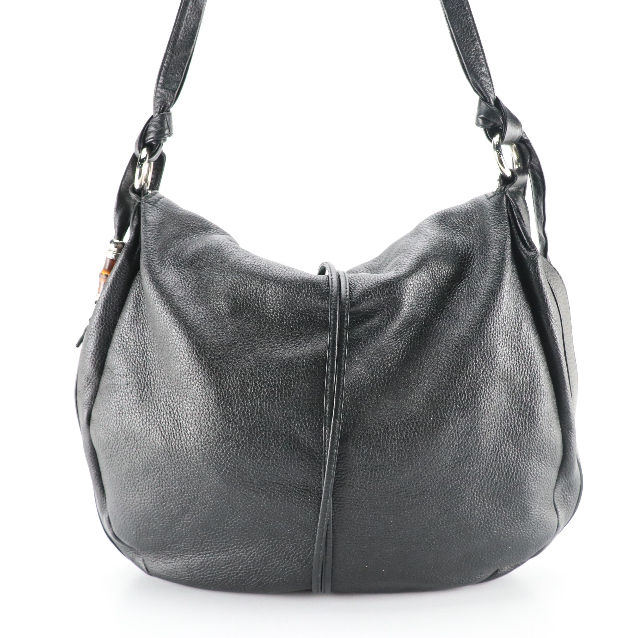 Gucci Bamboo Accented Jungle Flap Hobo Crossbody Bag in Black Grained Calfskin