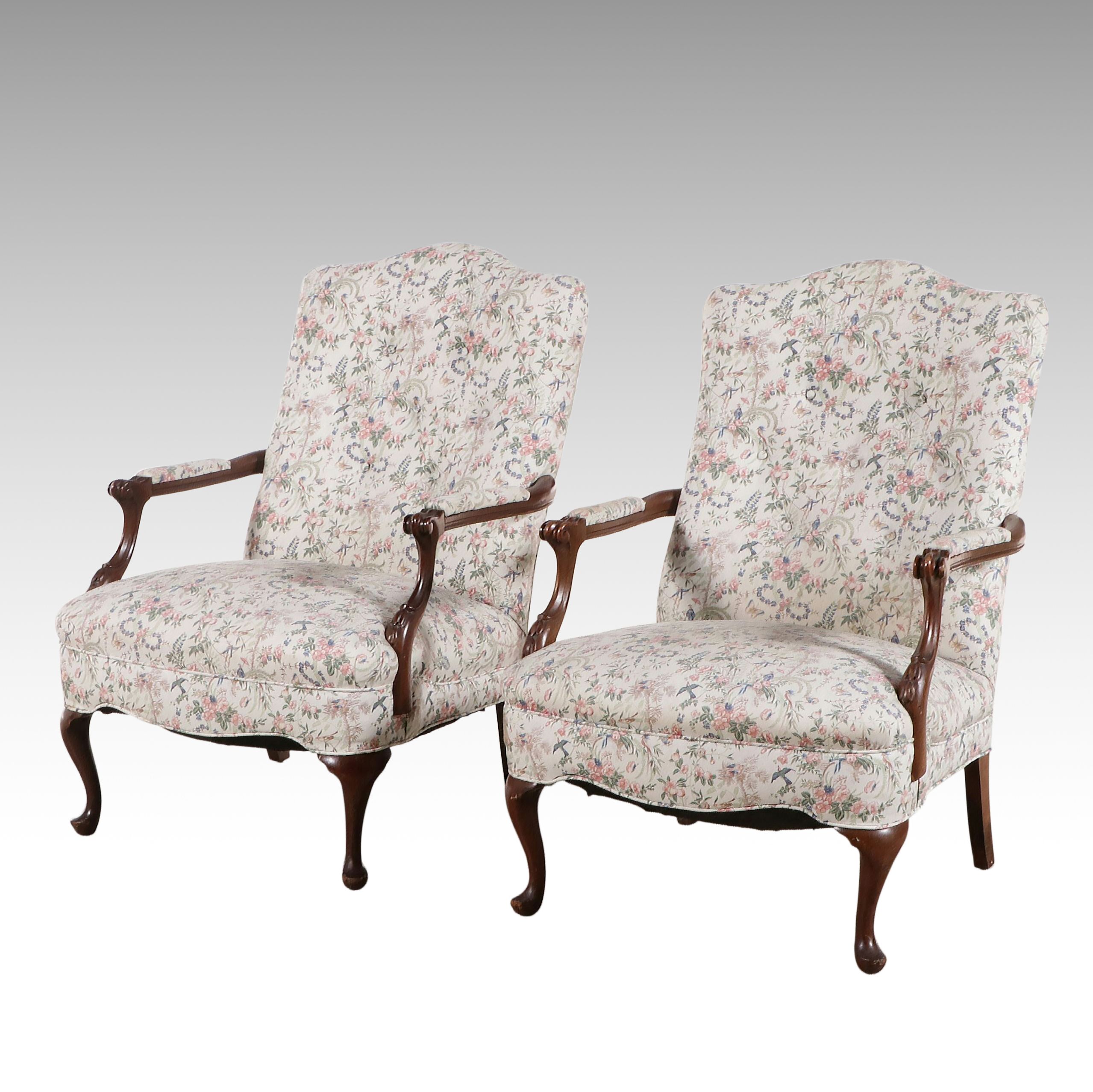 Pair of Queen Anne Style Upholstered Wood Armchairs, Late 20th Century