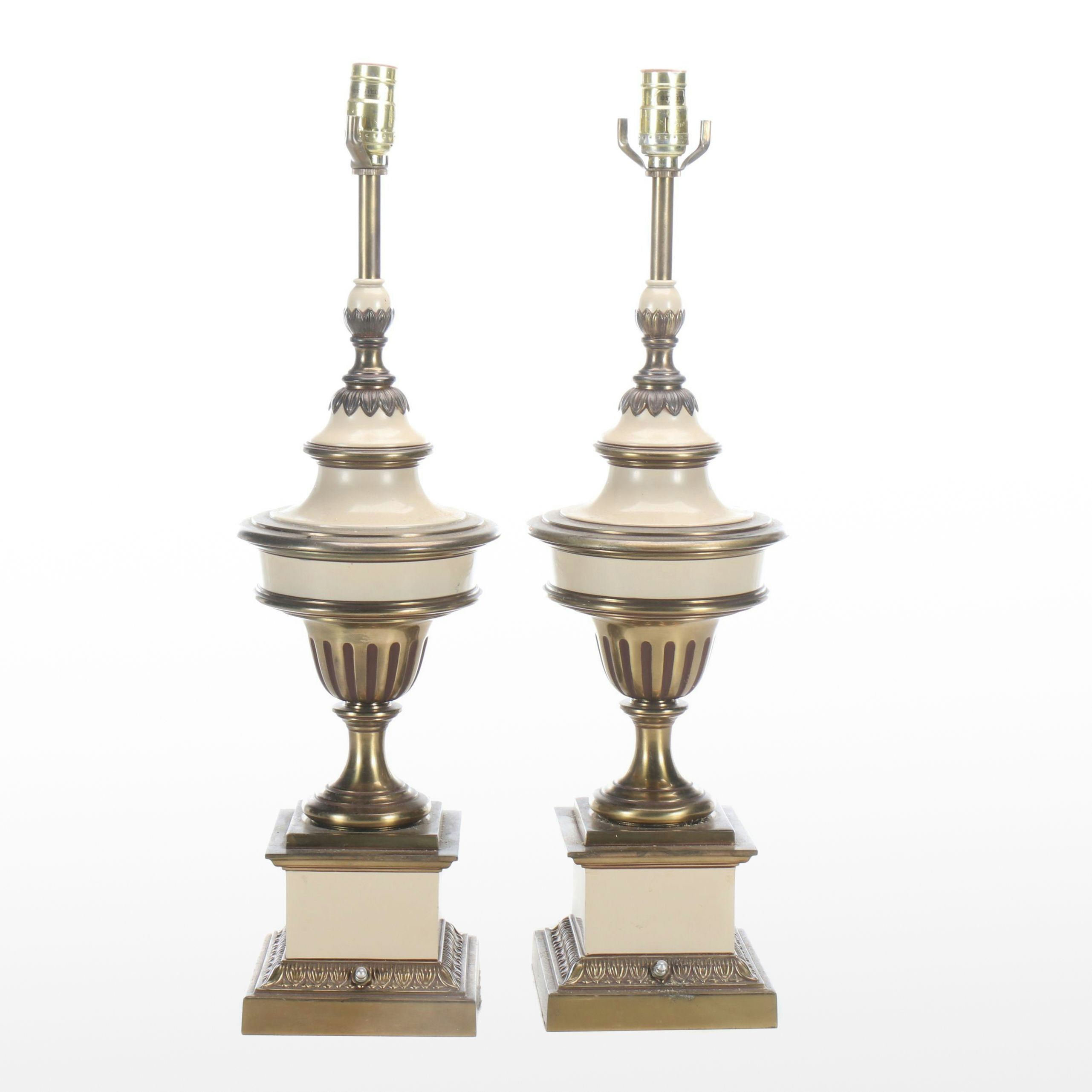 Pair of Hollywood Regency Style Stiffel Brass and Enamel Table Lamps