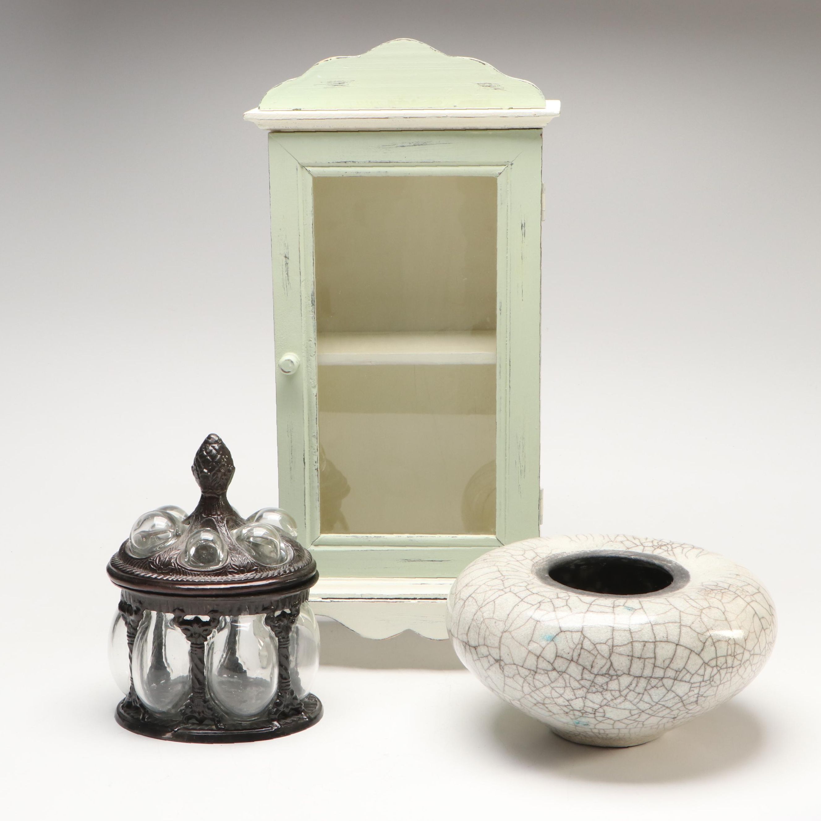 Kingstate Doll Cabinet, Crackle Glaze Art Pottery Vase and Metal Jar