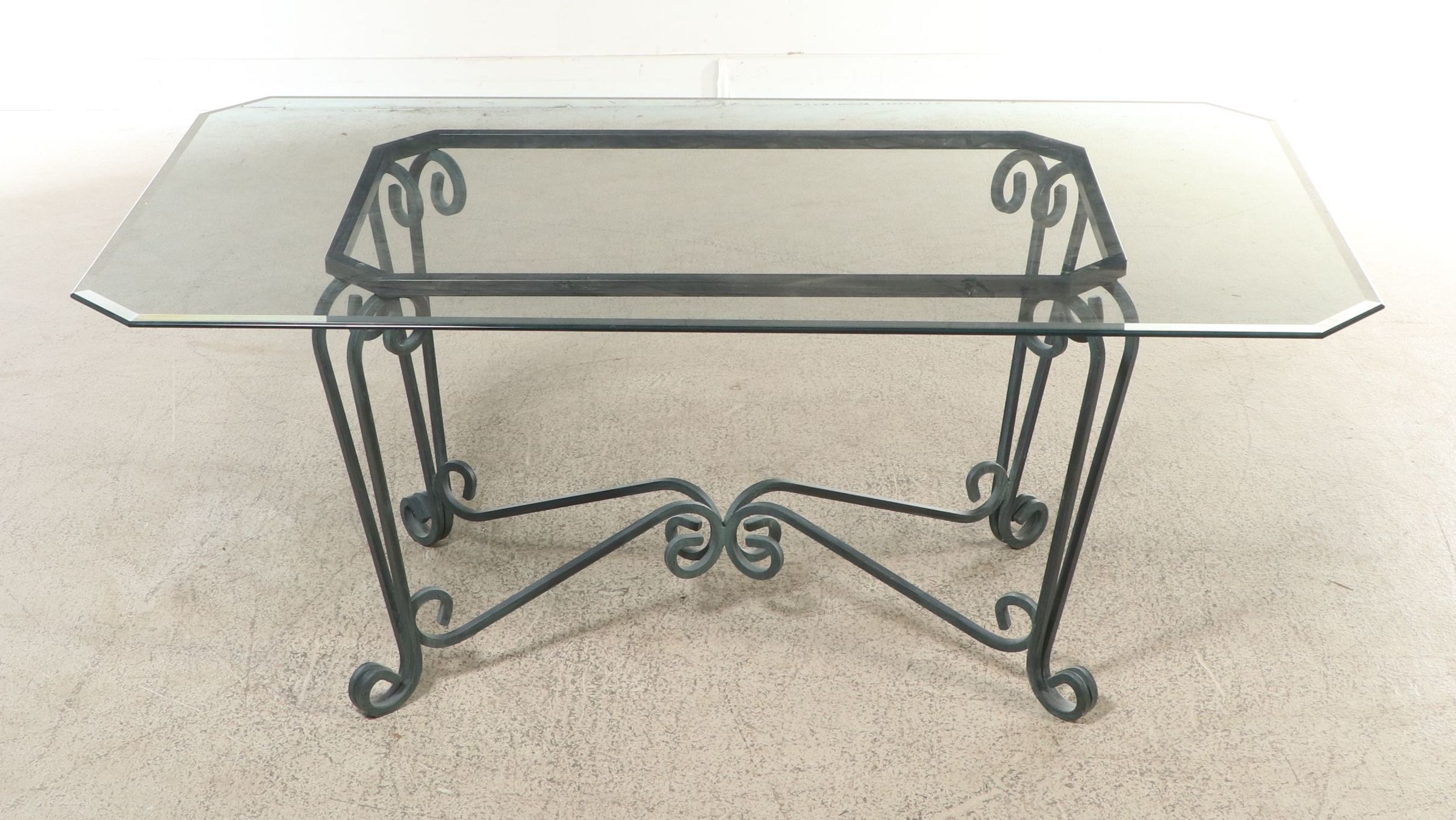Art Nouveau Style Glass Top Dining Table with Scrolled Metal Base