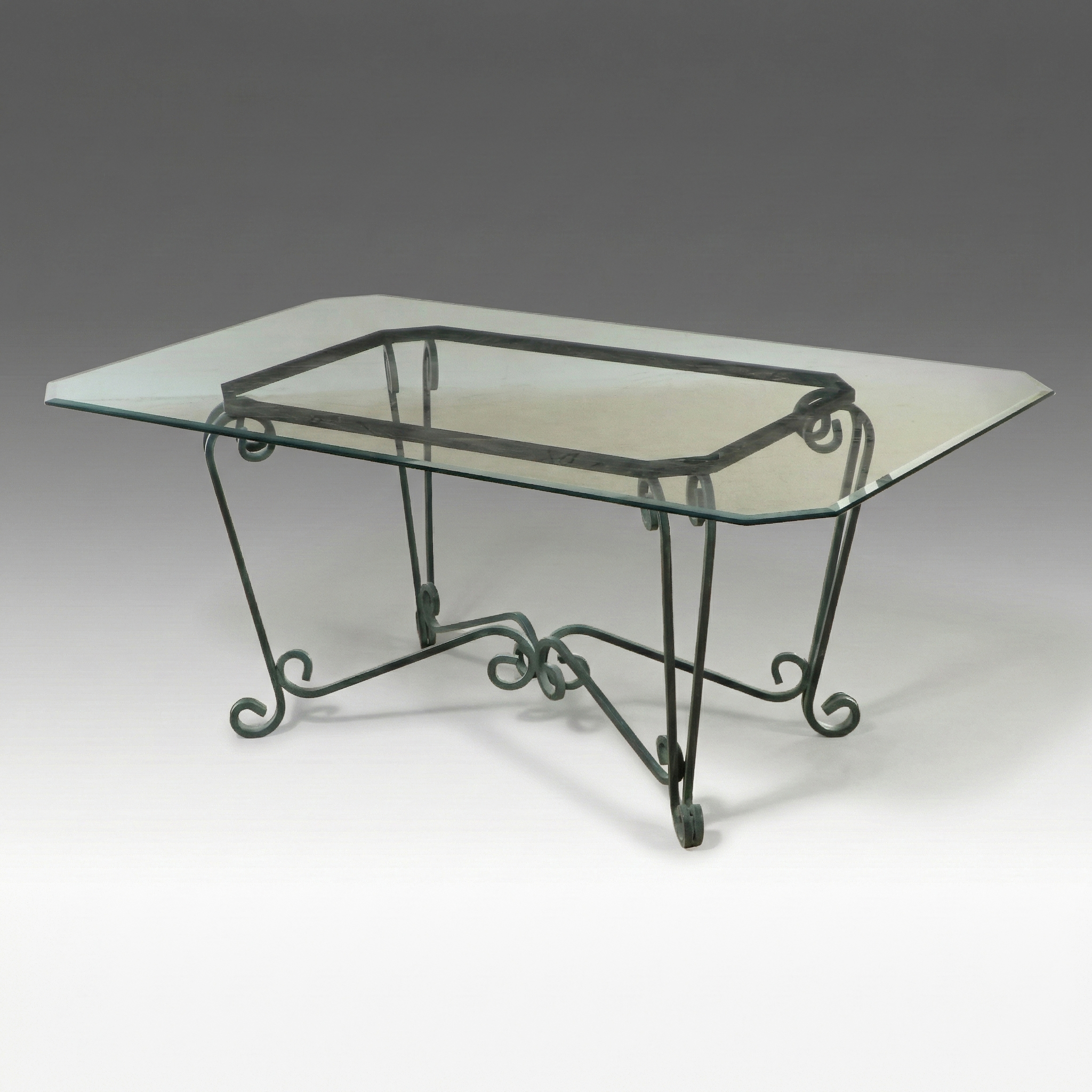 Art Nouveau Style Glass Top Dining Table with Scrolled Metal Base