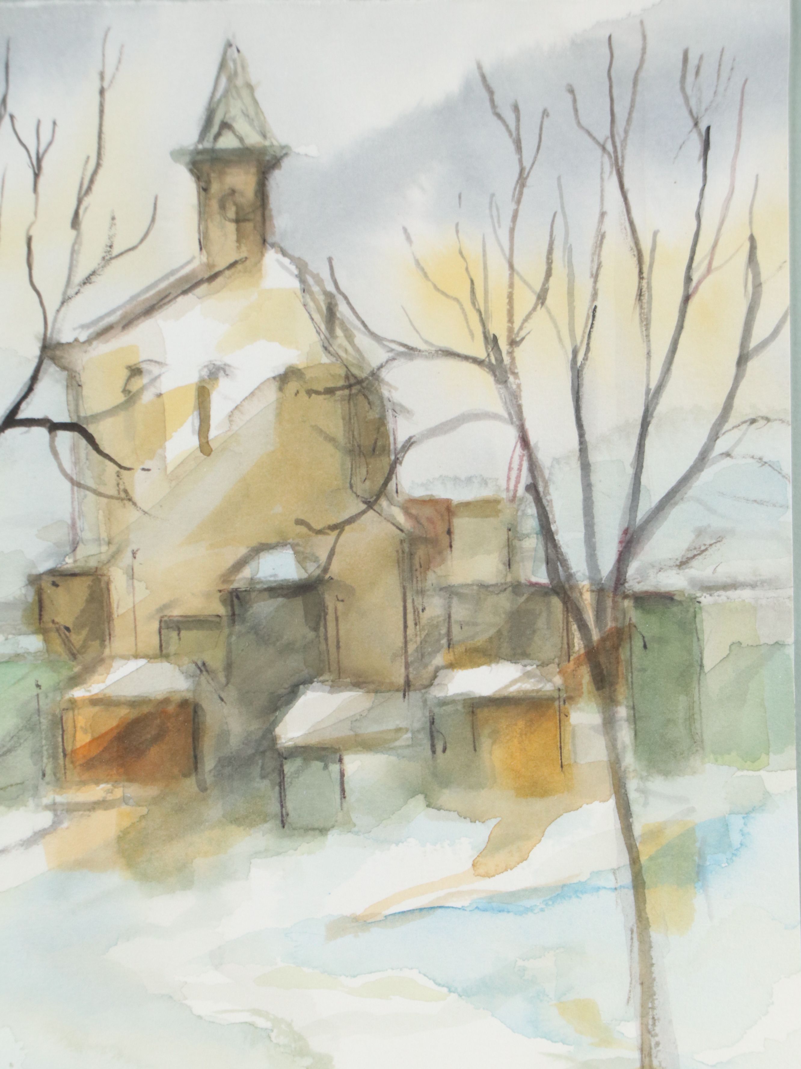 Roberto Fabe Watercolor Painting of Steepled Building, Mid to Late 20th Century