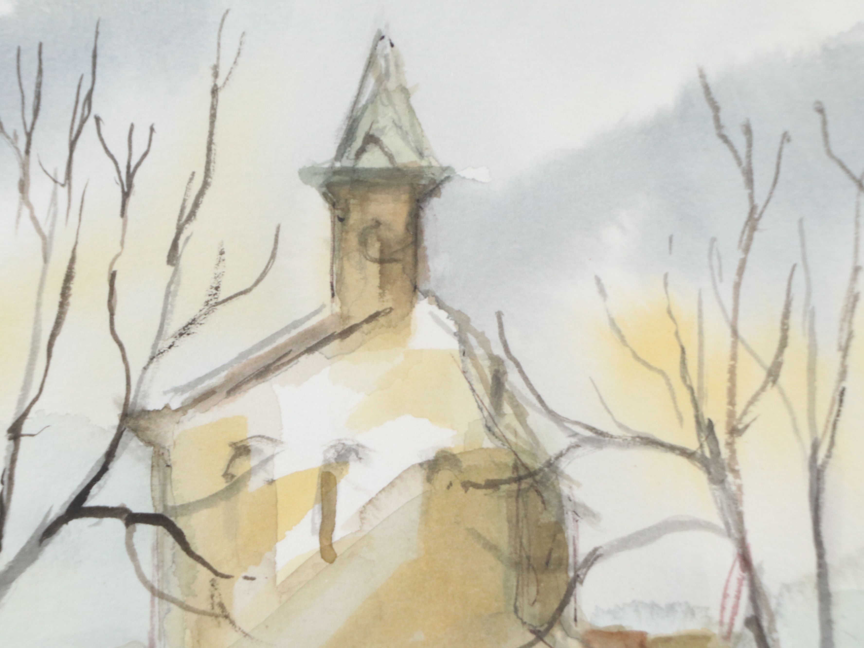 Roberto Fabe Watercolor Painting of Steepled Building, Mid to Late 20th Century