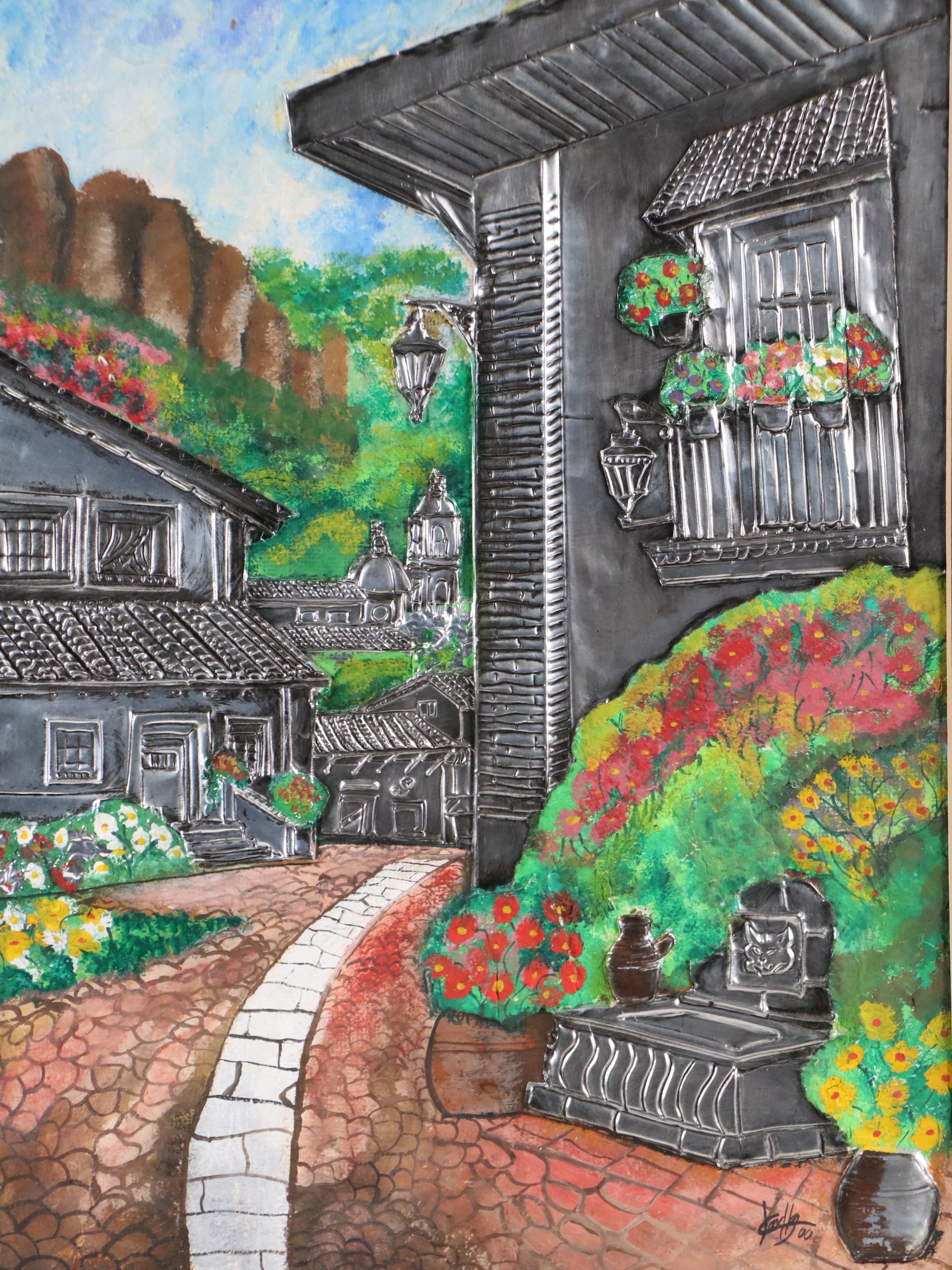 Mixed Media Painting of Rustic Village Street, 2000