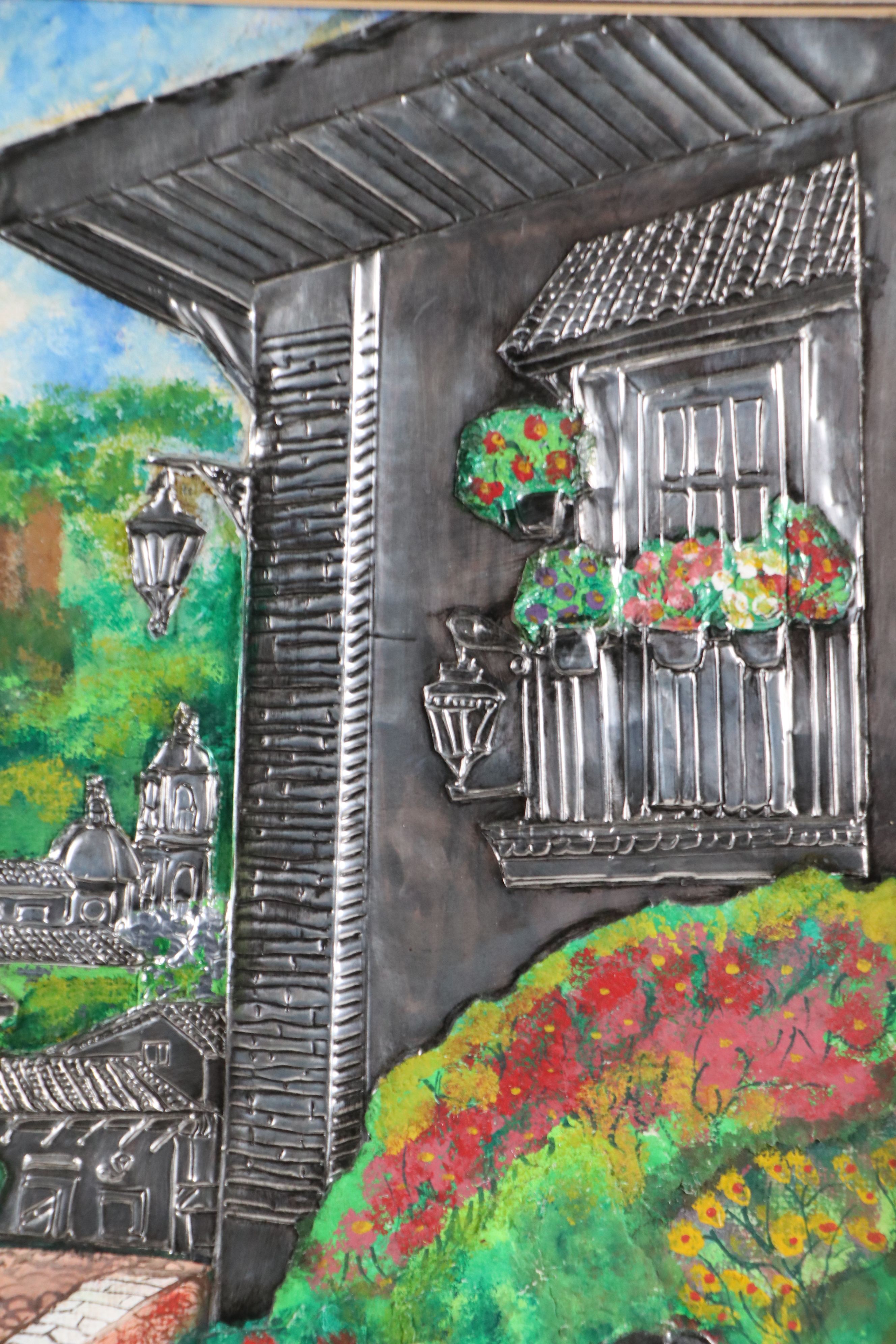 Mixed Media Painting of Rustic Village Street, 2000
