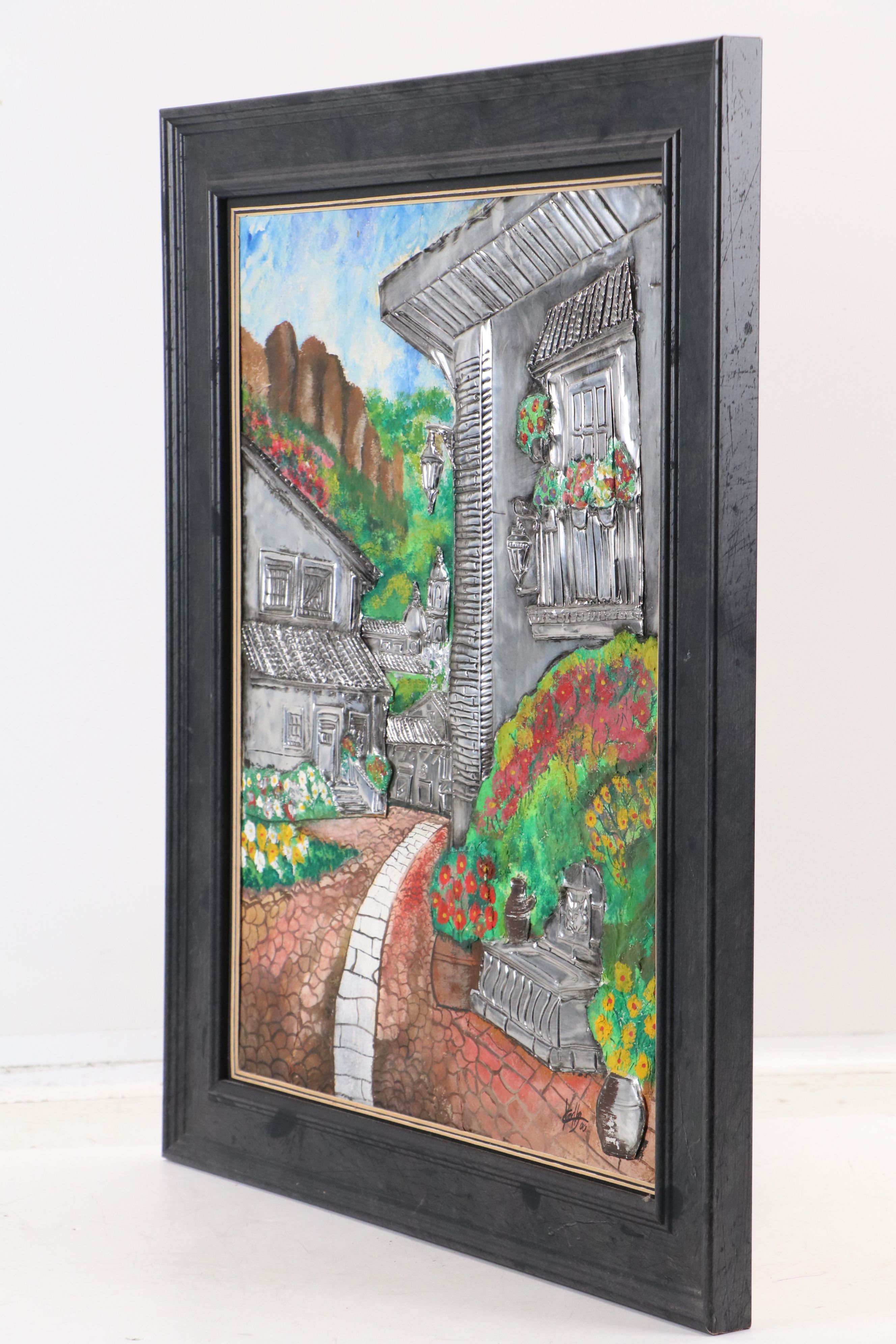 Mixed Media Painting of Rustic Village Street, 2000