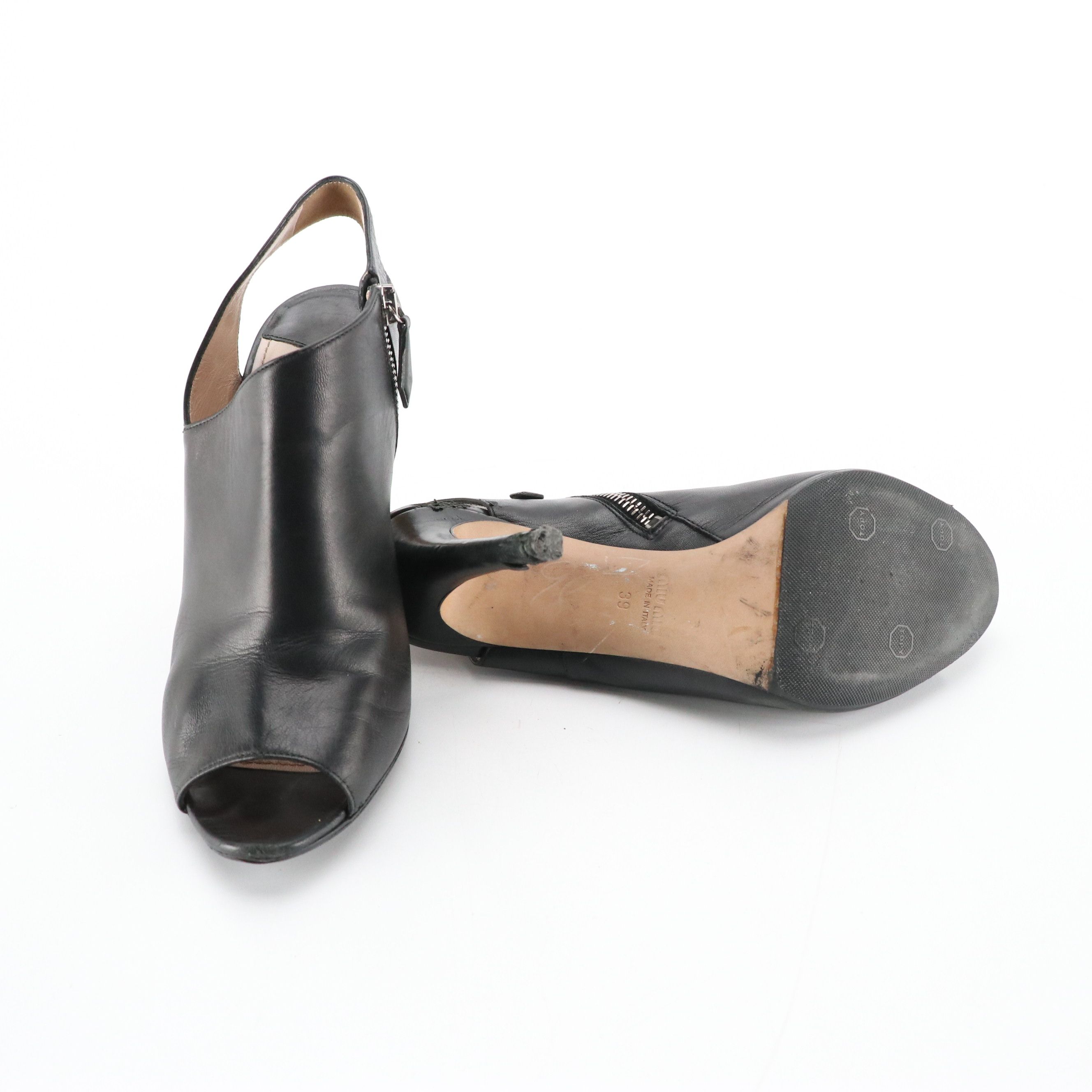 Miu Miu Open-Toe Slingback Heels in Black Lambskin Leather