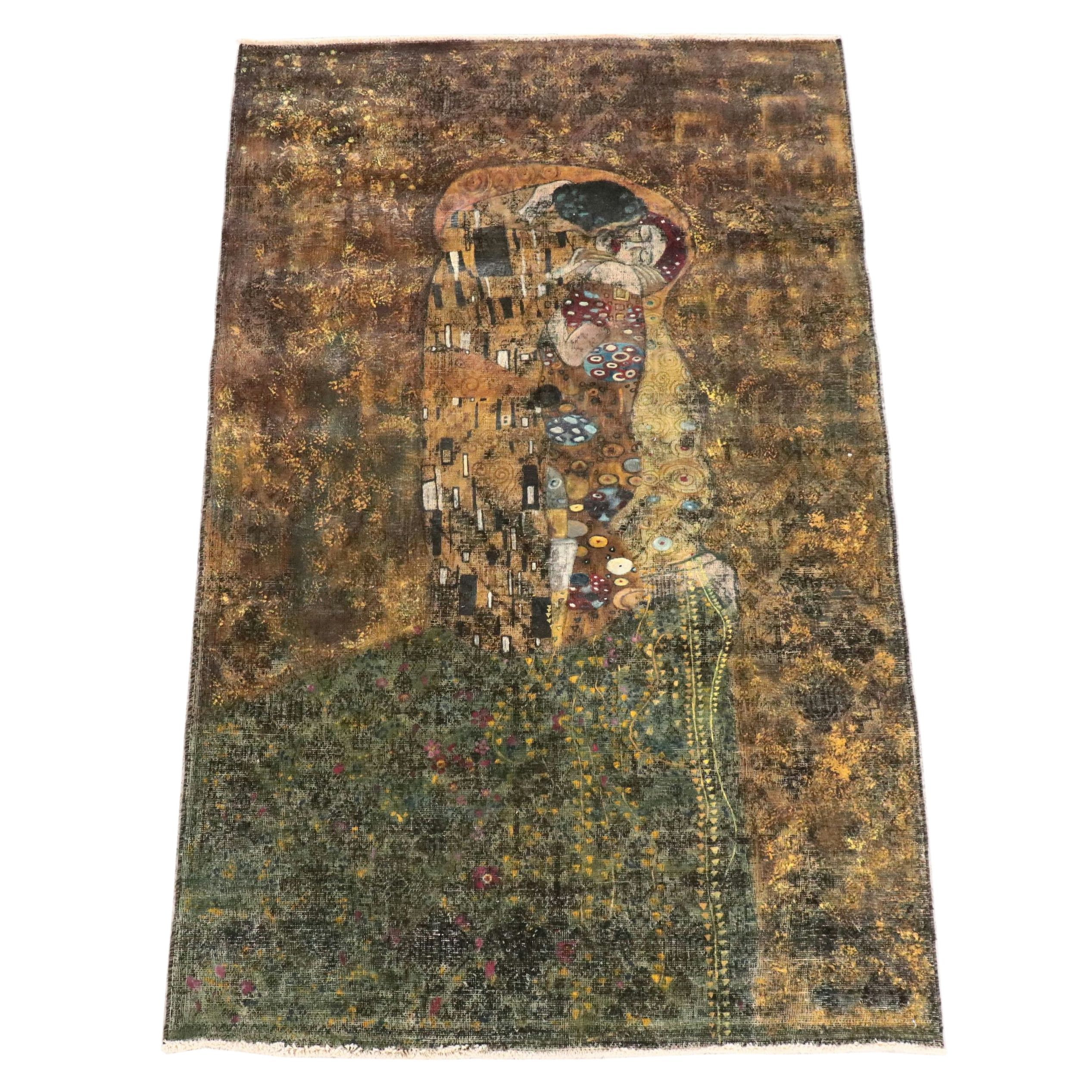 4'10 x 8'1 Hand-Knotted Painted Persian Area Rug After Gustav Klimt's "The Kiss"