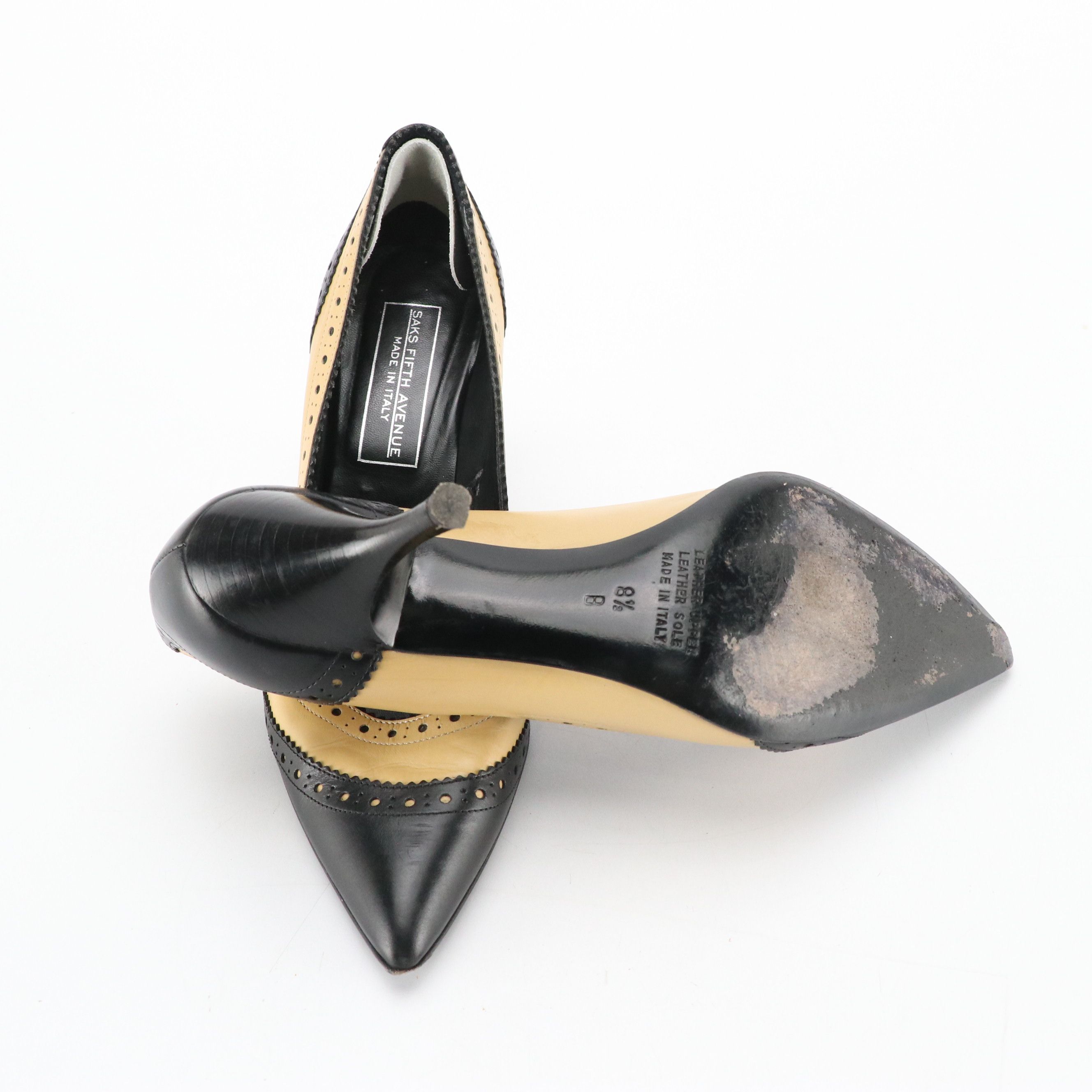 Saks Fifth Avenue Pointed-Toe Brogue Pumps in Black and Beige Calf Leather