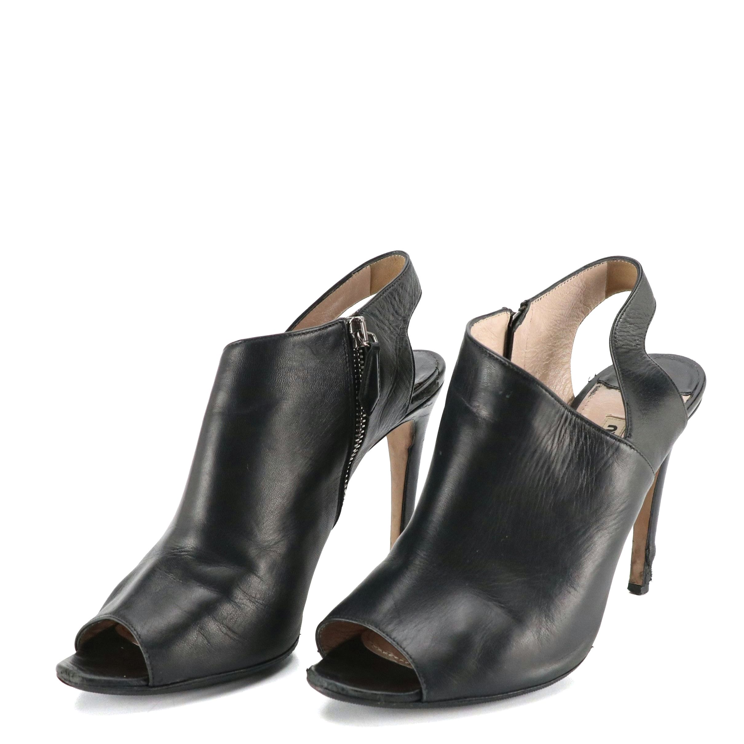 Miu Miu Open-Toe Slingback Heels in Black Lambskin Leather