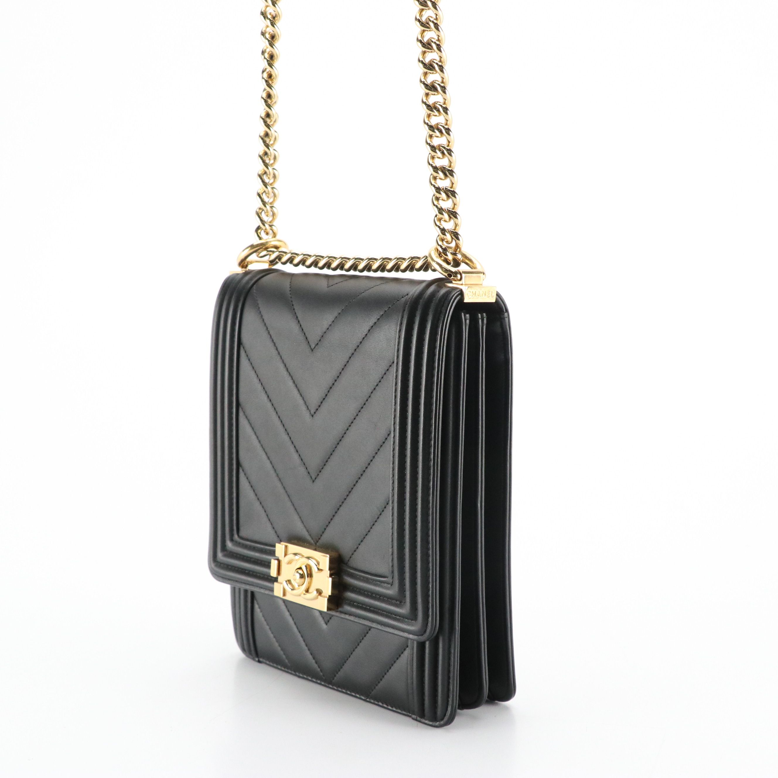 Chanel North/South Boy Flap Bag in Chevron Quilted Lambskin Leather