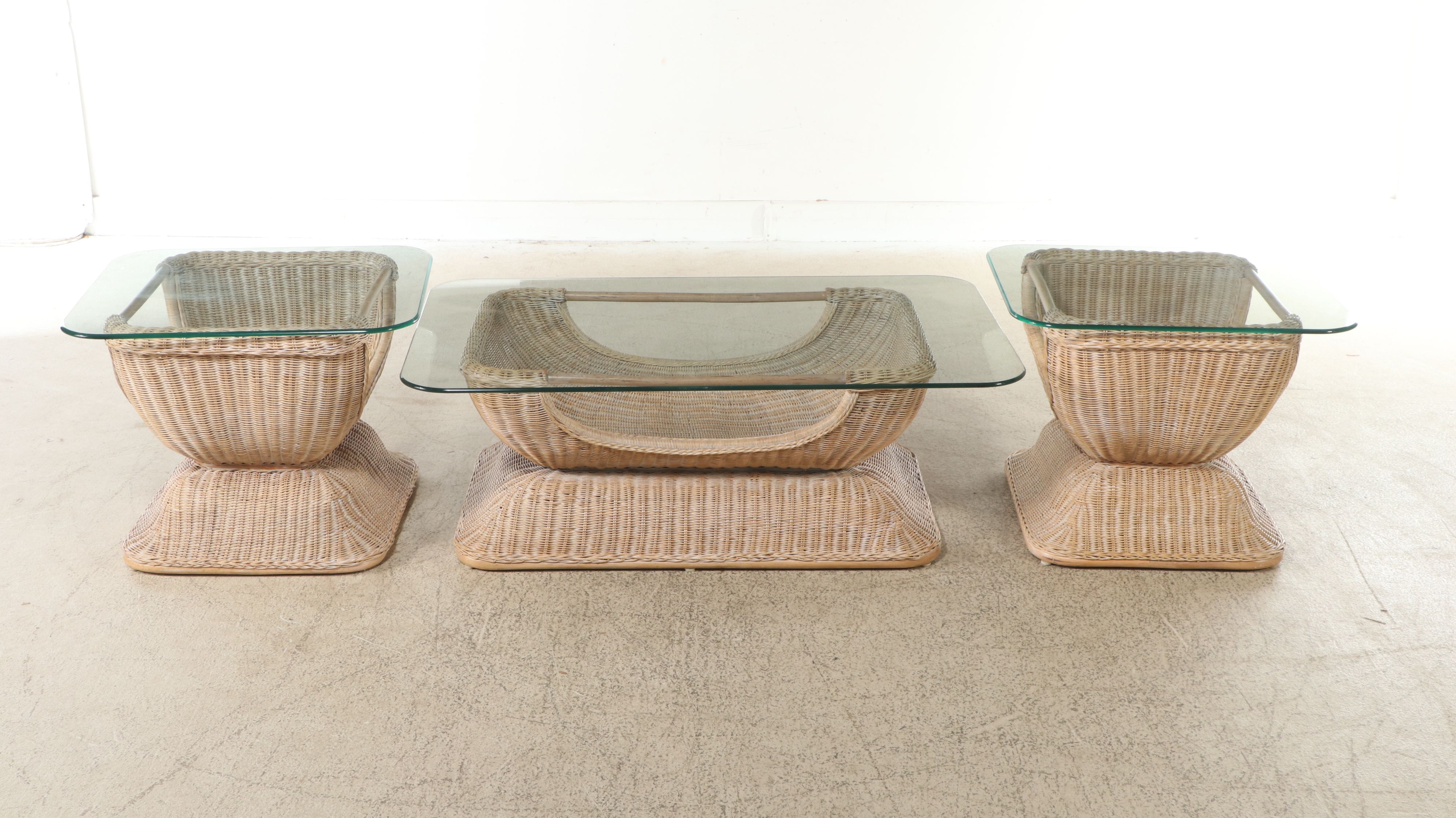 Palm Beach Regency Style Glass Top Wicker Coffee and Side Tables