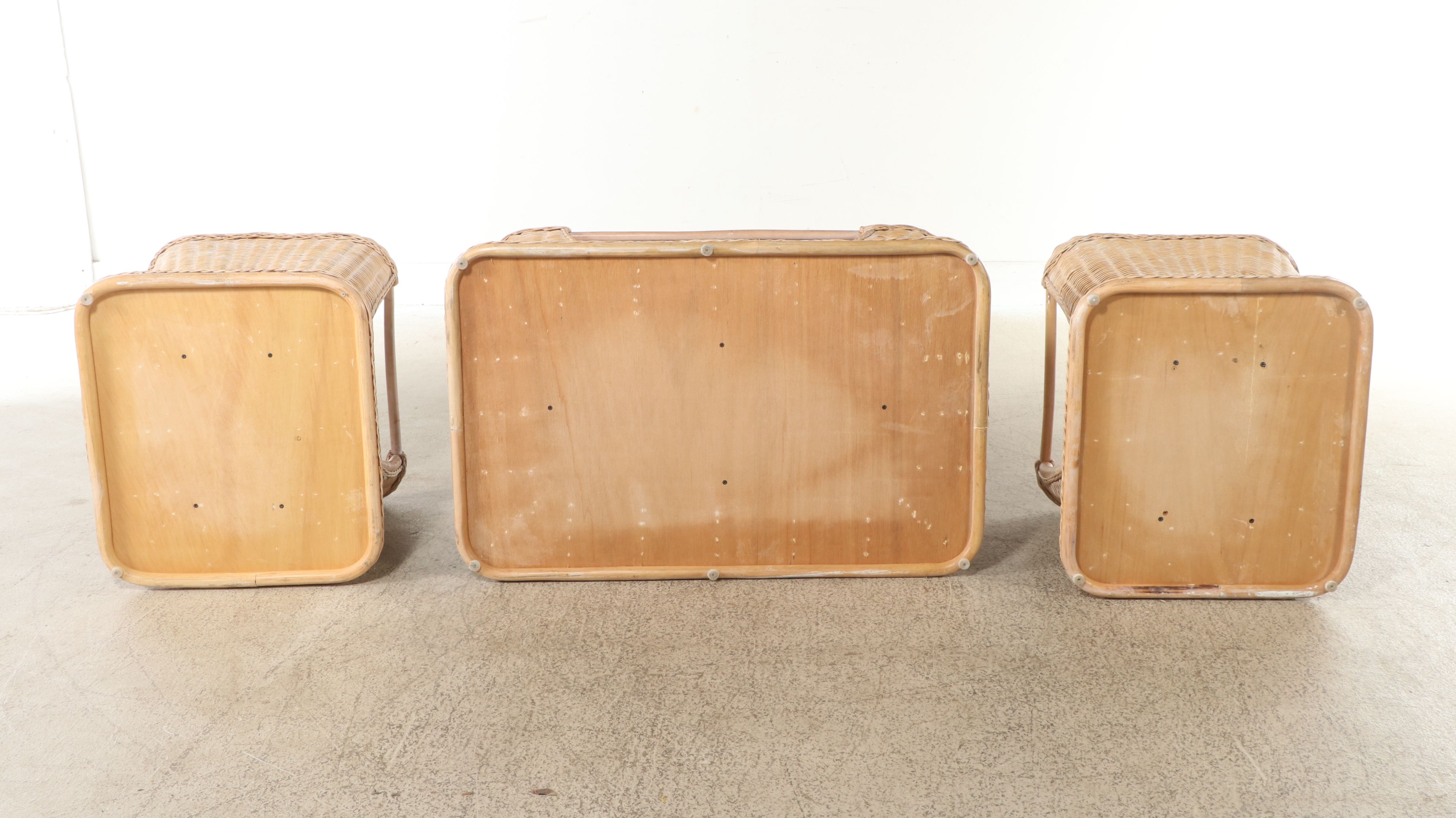 Palm Beach Regency Style Glass Top Wicker Coffee and Side Tables