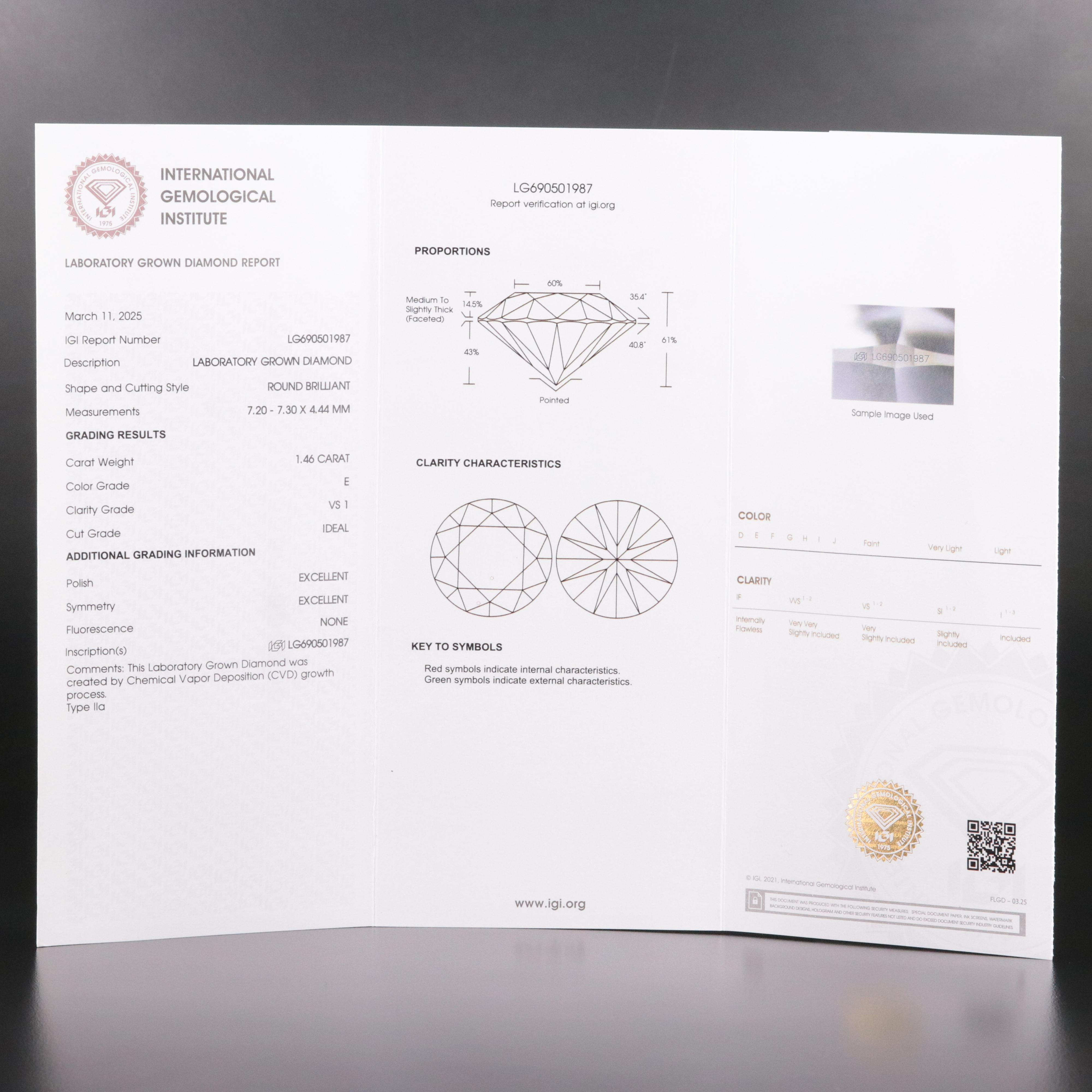 Loose 1.46 CT Lab Grown Diamond with IGI Report