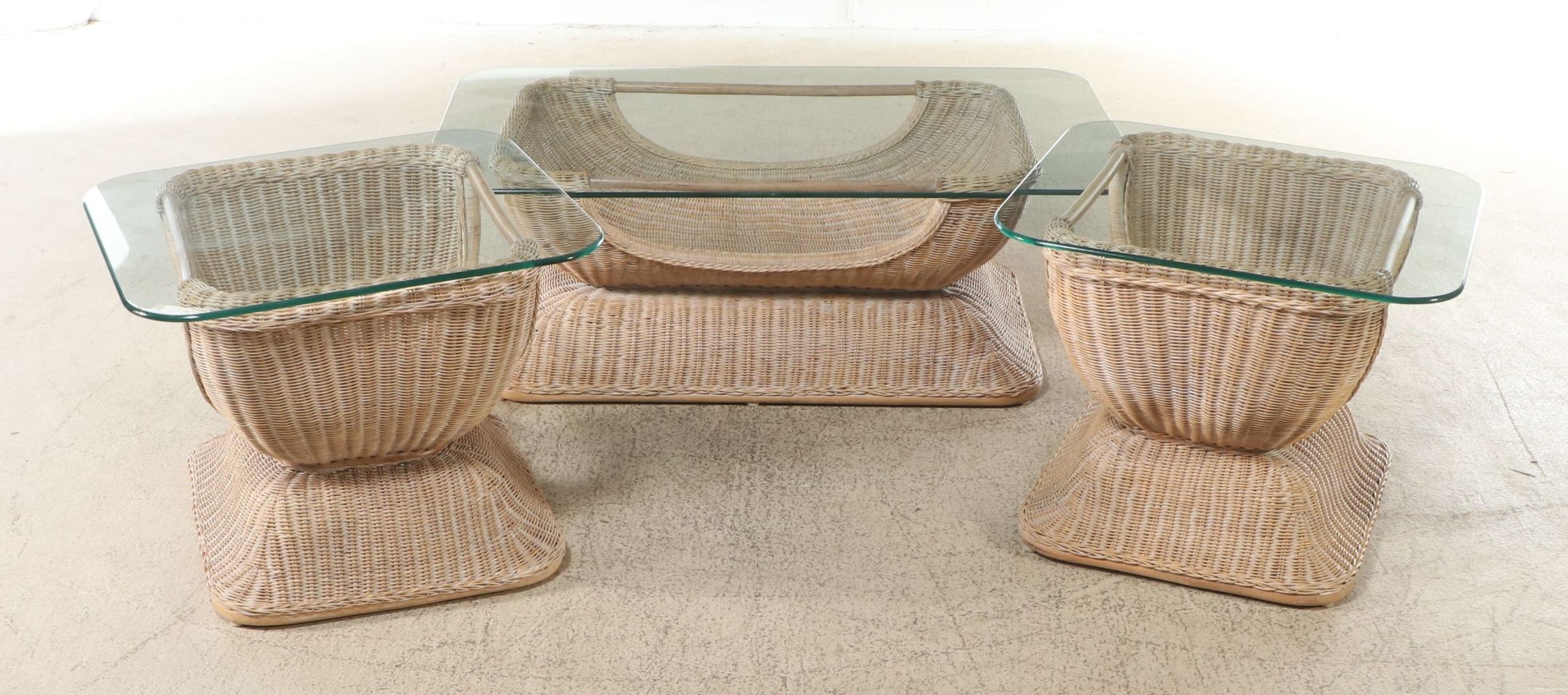 Palm Beach Regency Style Glass Top Wicker Coffee and Side Tables