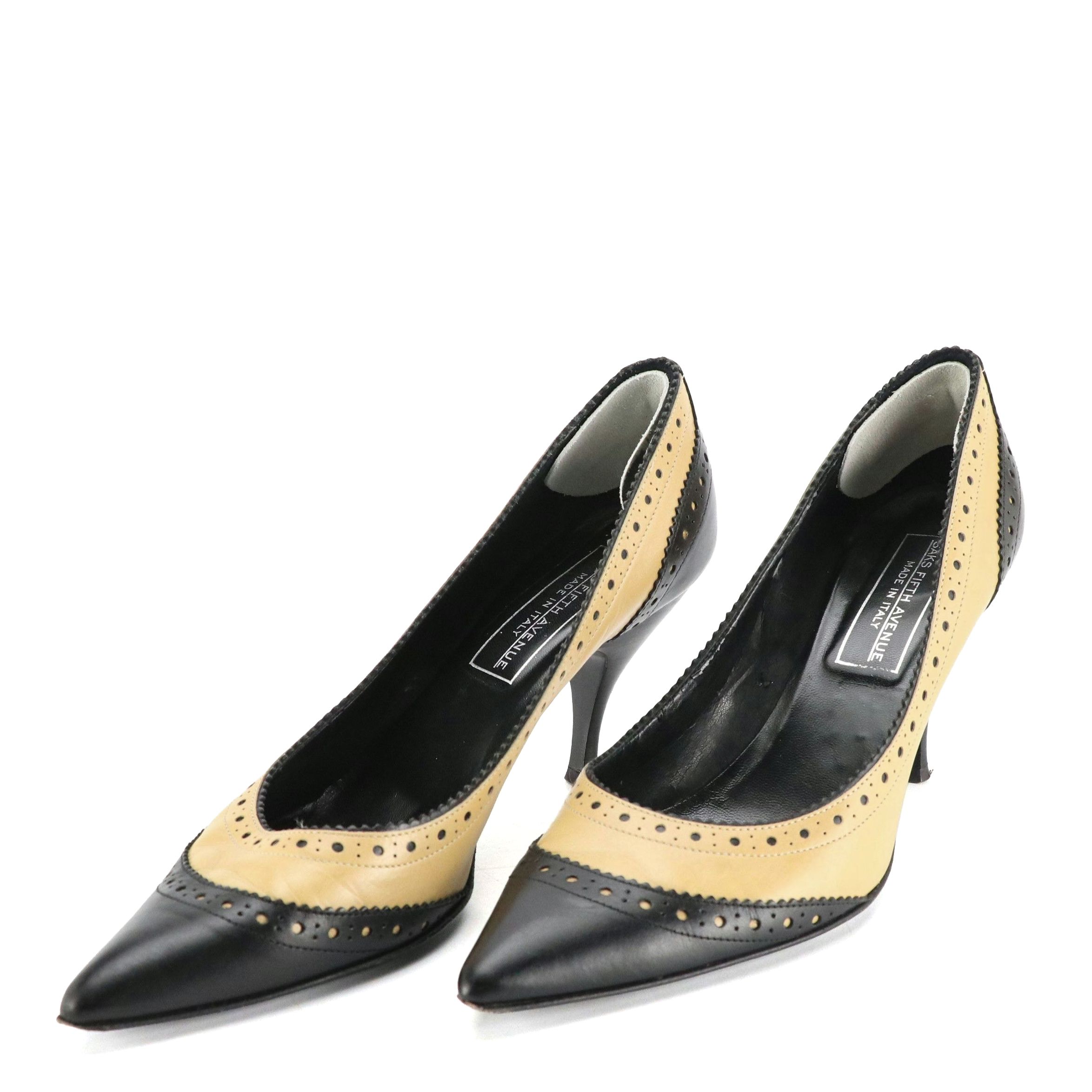 Saks Fifth Avenue Pointed-Toe Brogue Pumps in Black and Beige Calf Leather