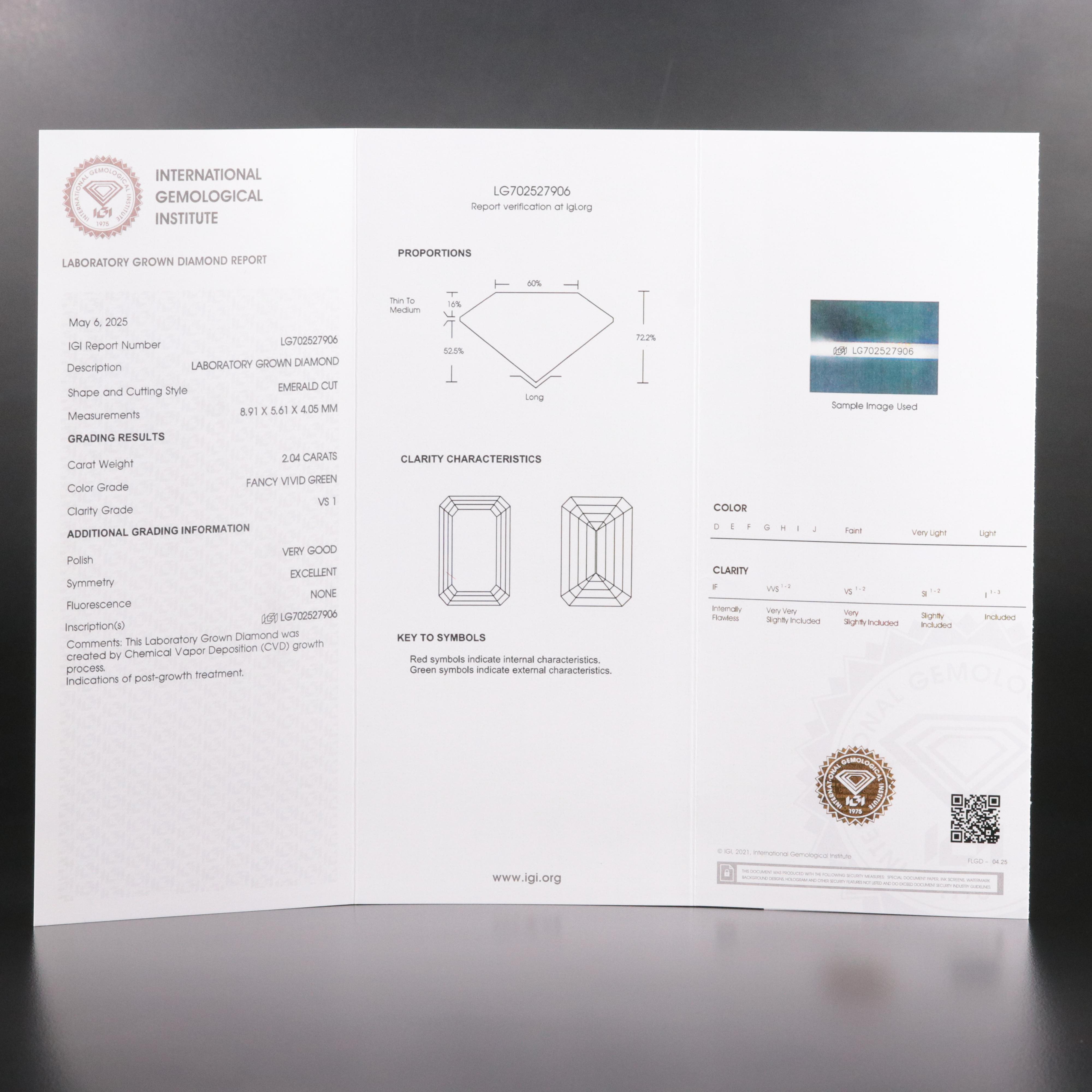 Loose 2.04 CT Lab Grown Fancy Green Diamond with IGI Report