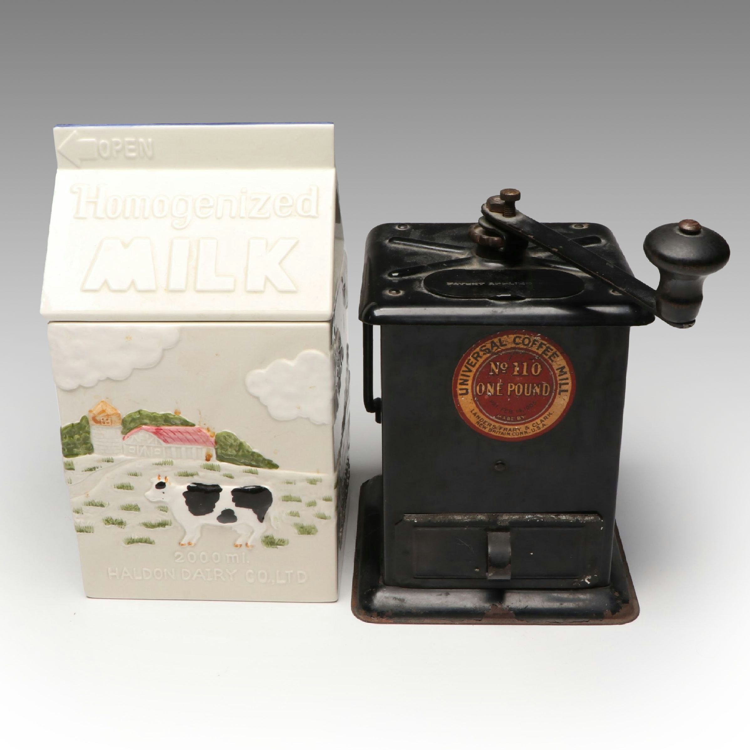 Lander, Fray & Clark Metal Coffee Mill with Novelty Milk Carton Cookie Jar