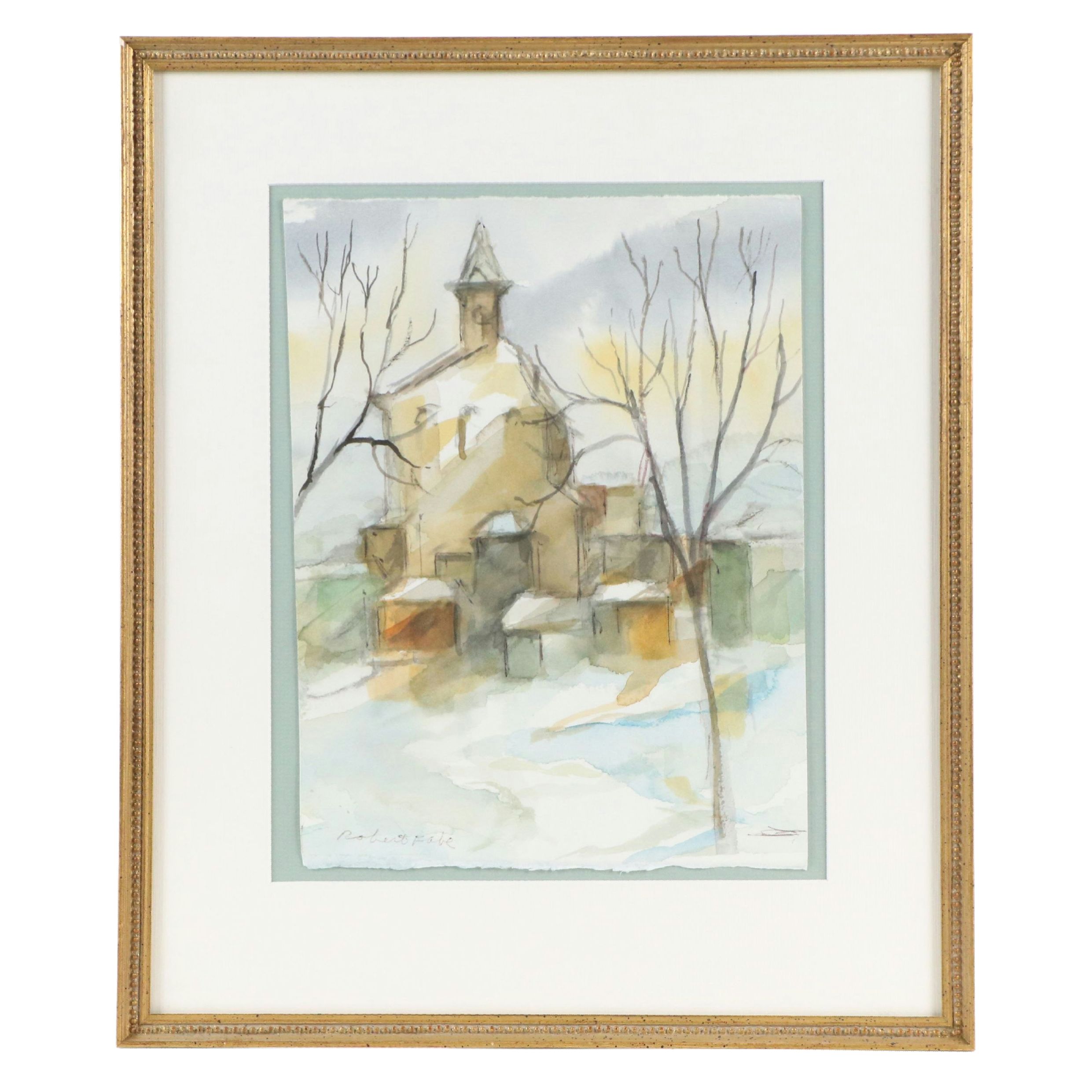 Roberto Fabe Watercolor Painting of Steepled Building, Mid to Late 20th Century