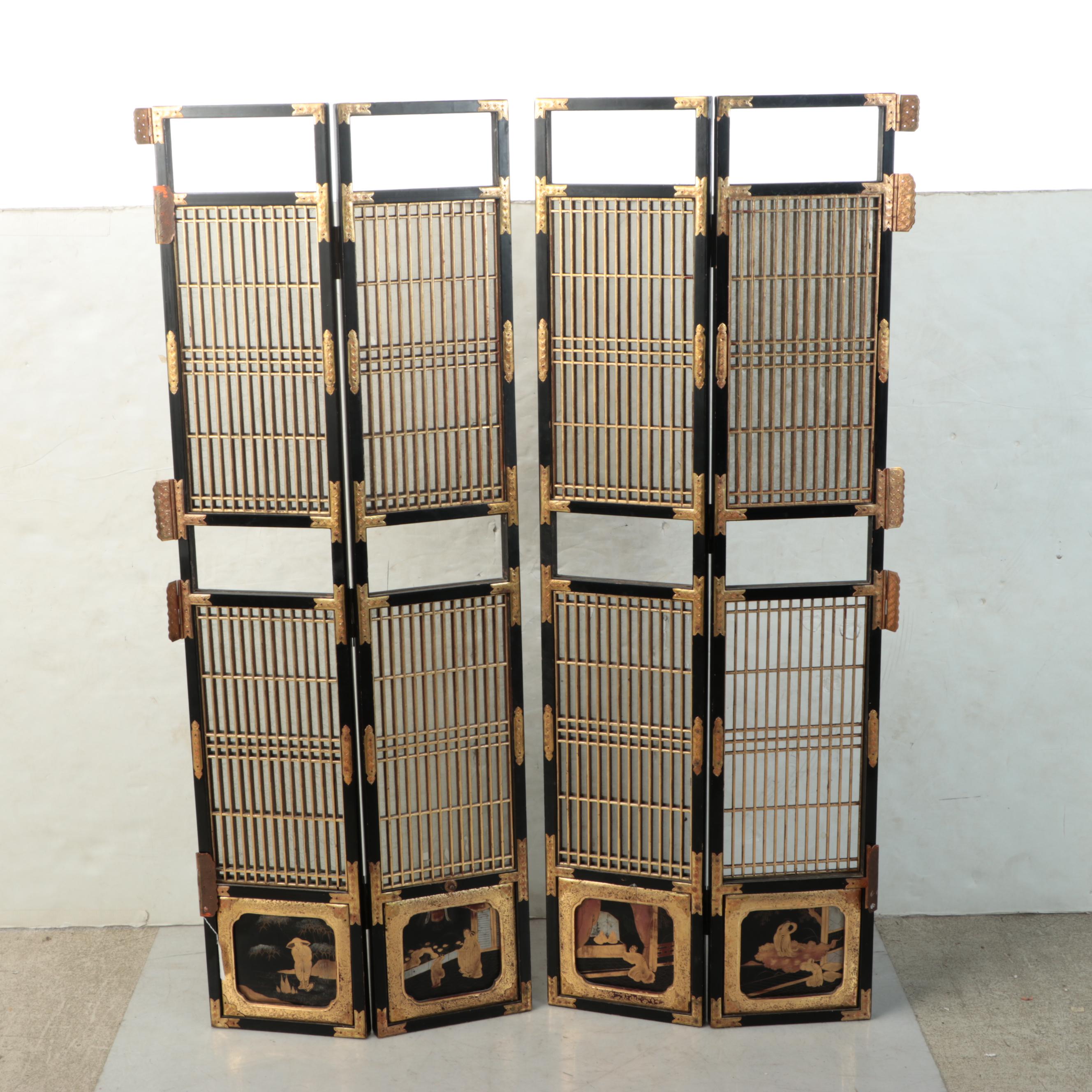 Japanese "Butsudan" Gilt Inlaid Wood Shrine Cabinet Door Panels