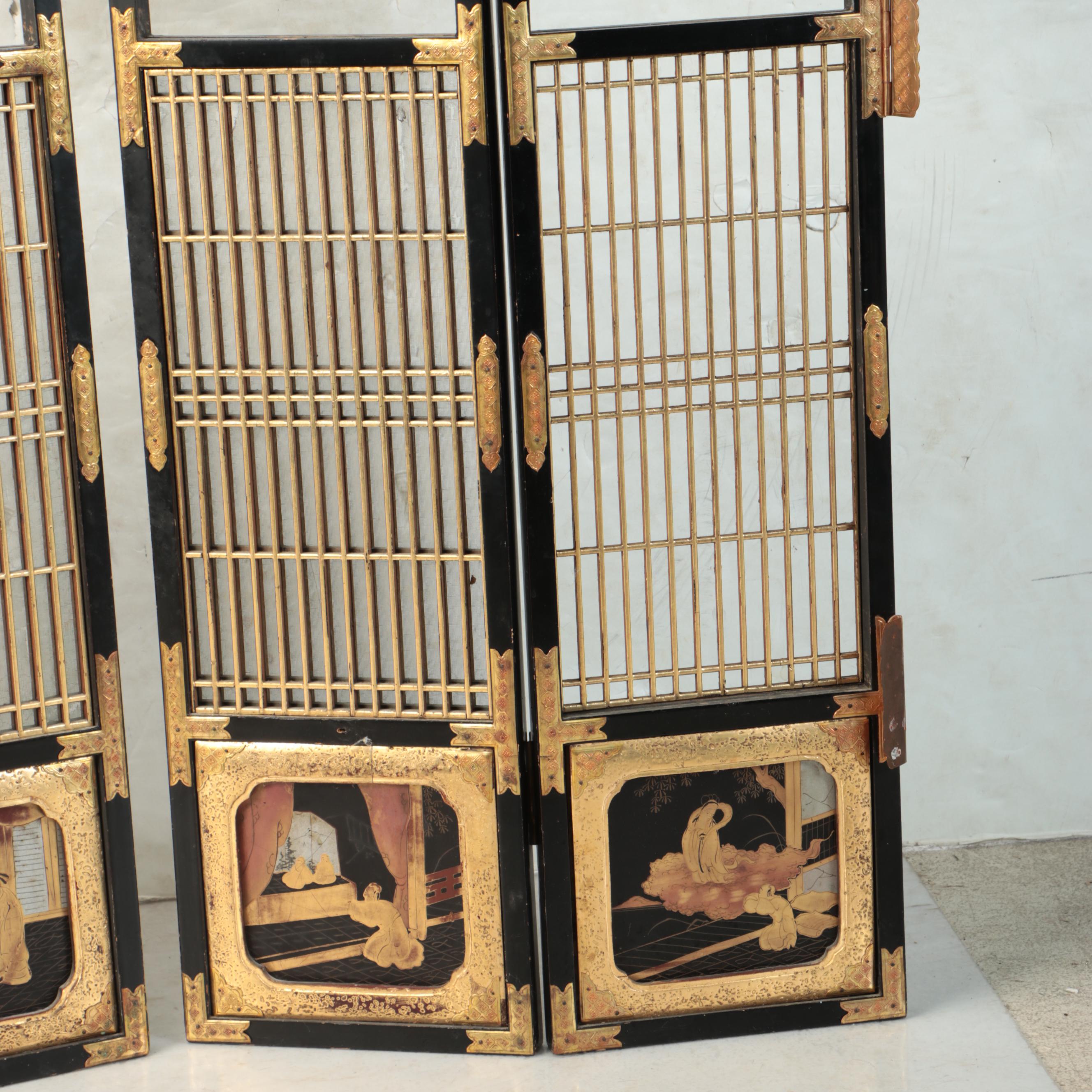 Japanese "Butsudan" Gilt Inlaid Wood Shrine Cabinet Door Panels