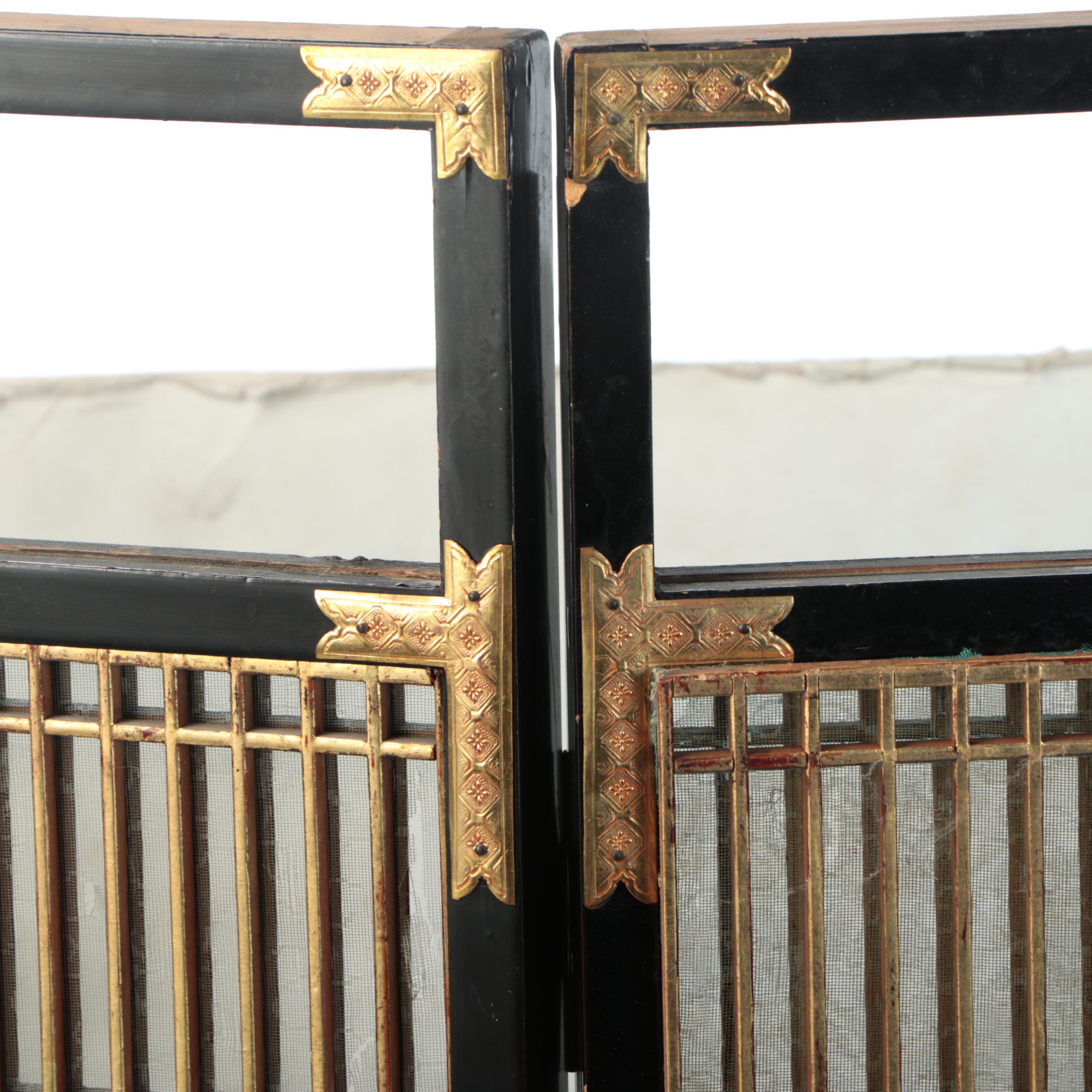 Japanese "Butsudan" Gilt Inlaid Wood Shrine Cabinet Door Panels