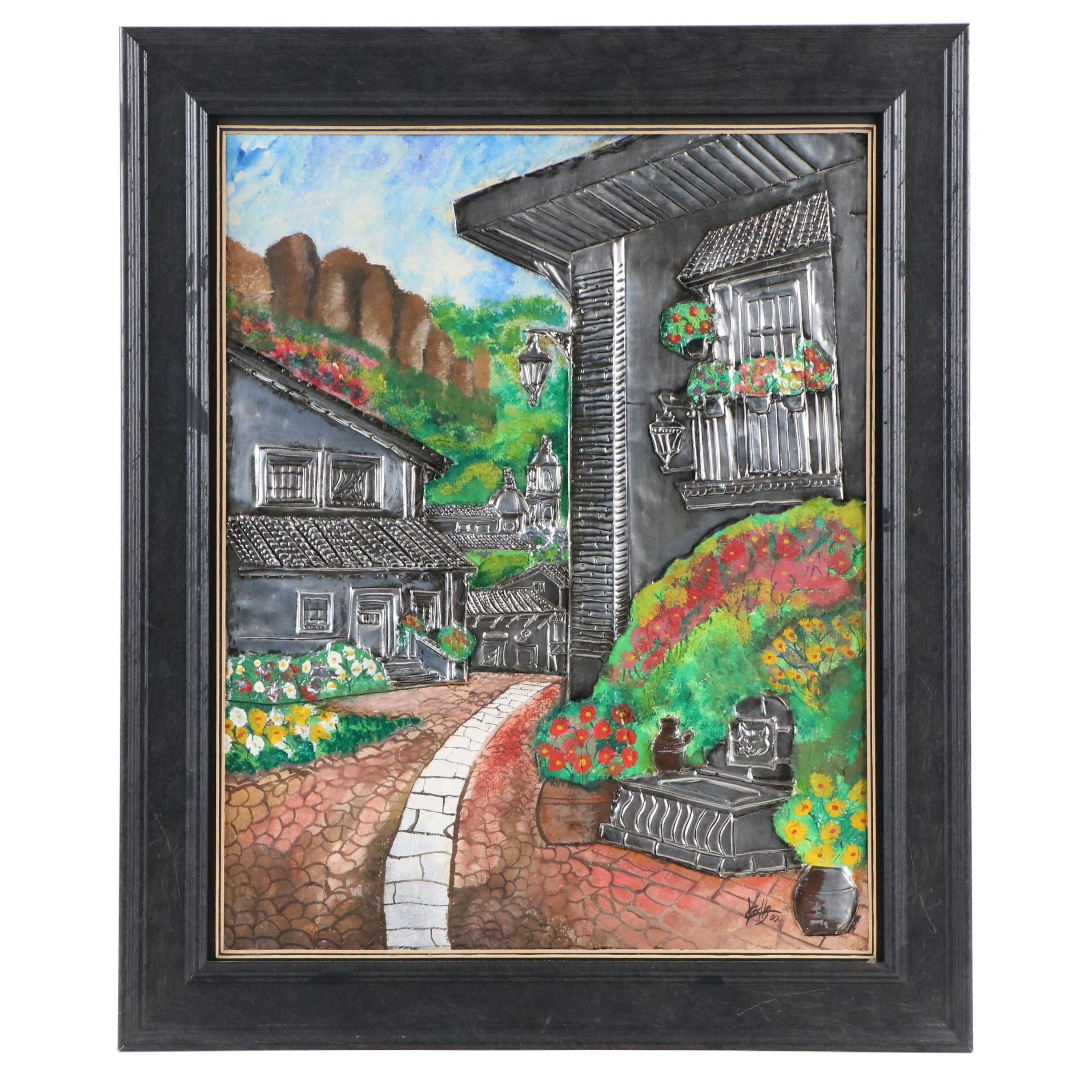Mixed Media Painting of Rustic Village Street, 2000